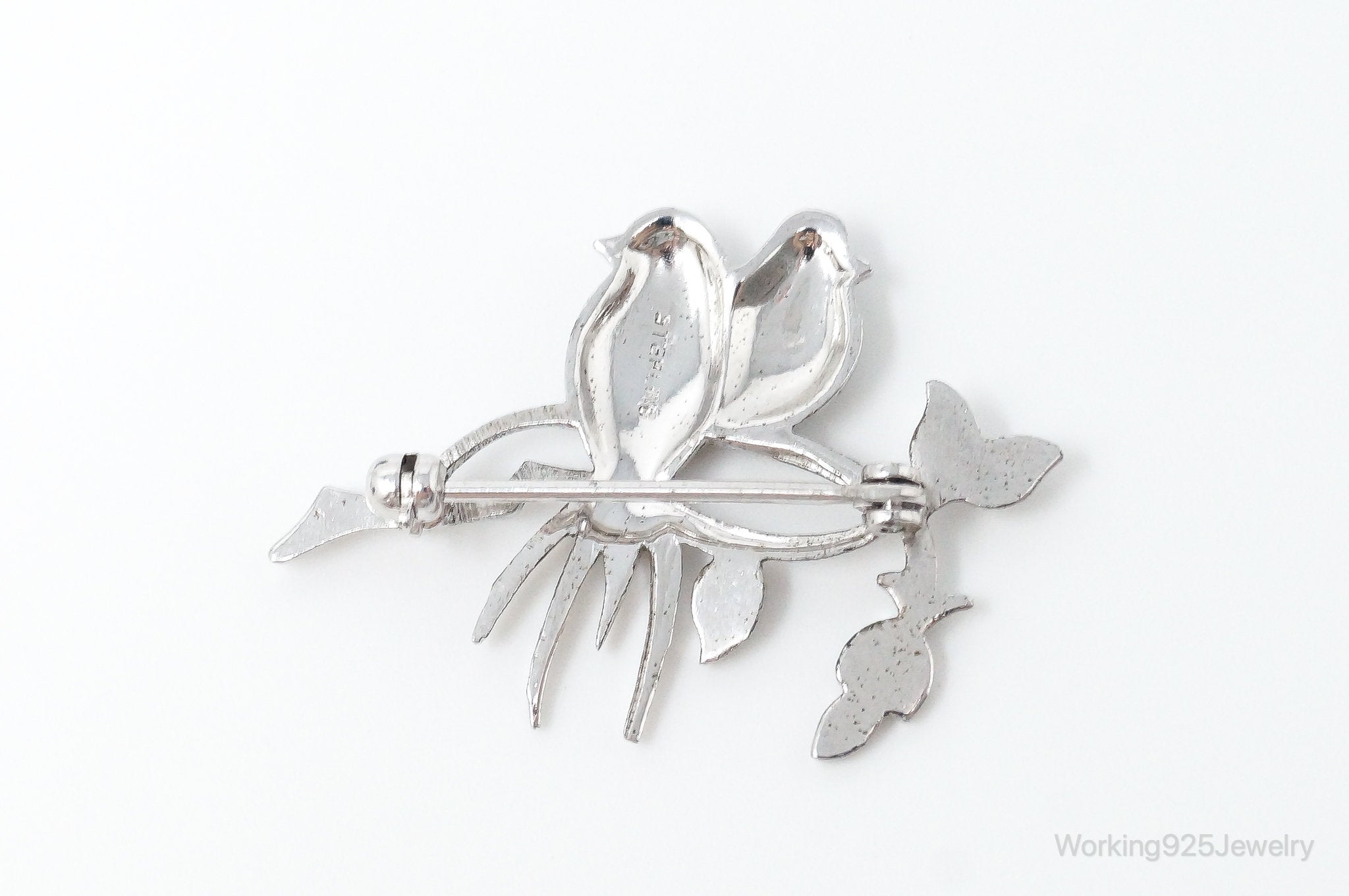 Vintage Birds On Branch Pink Gemstones Hematite Sterling Silver Pin Brooch