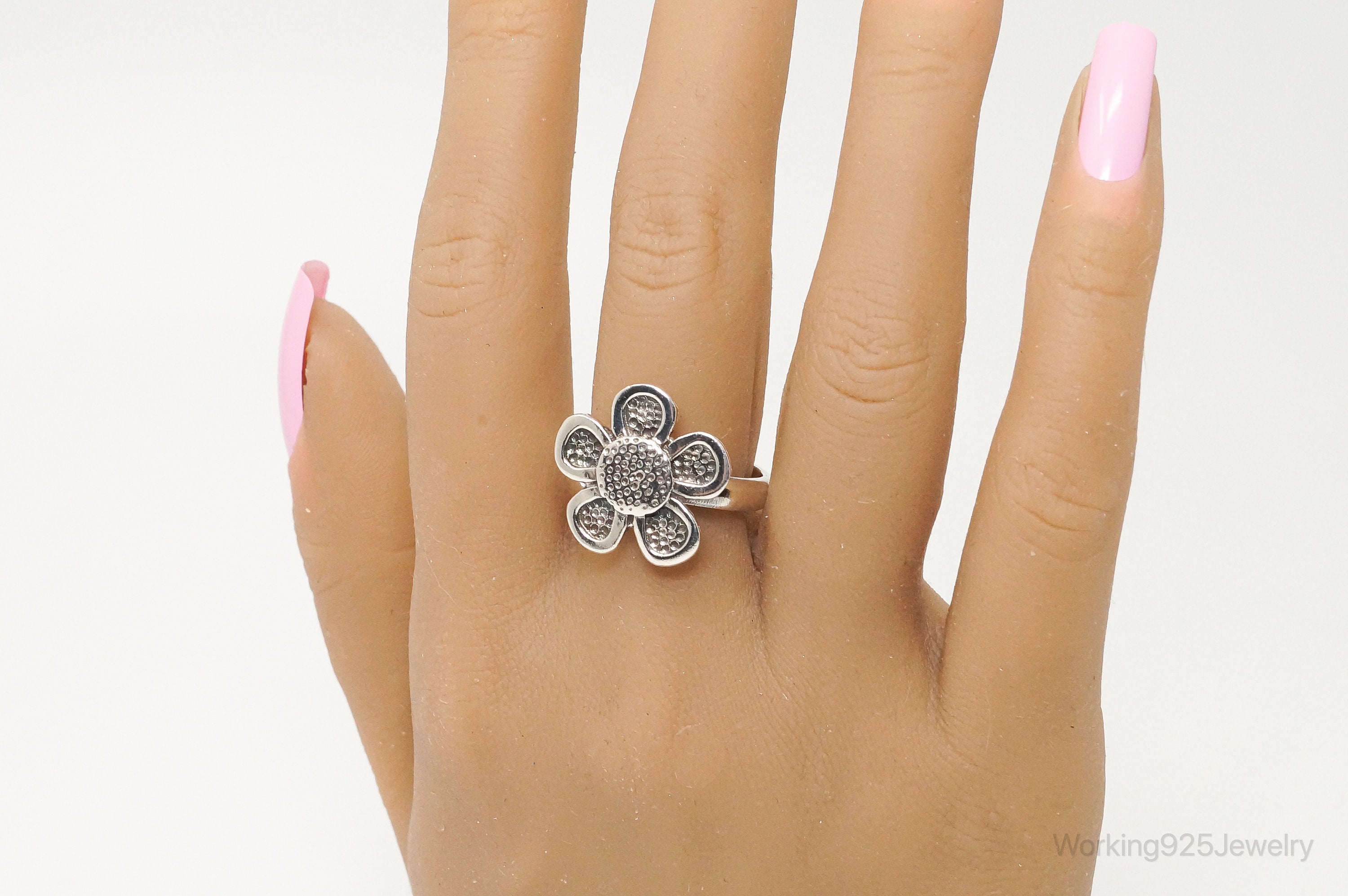 Vintage 3D Flower Sterling Silver Ring - Size 8.5