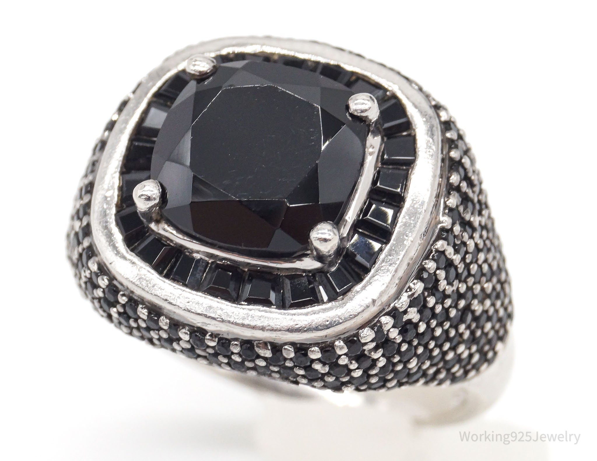 Vintage Designer Black Spinel Sterling Silver Ring - Size 8.75