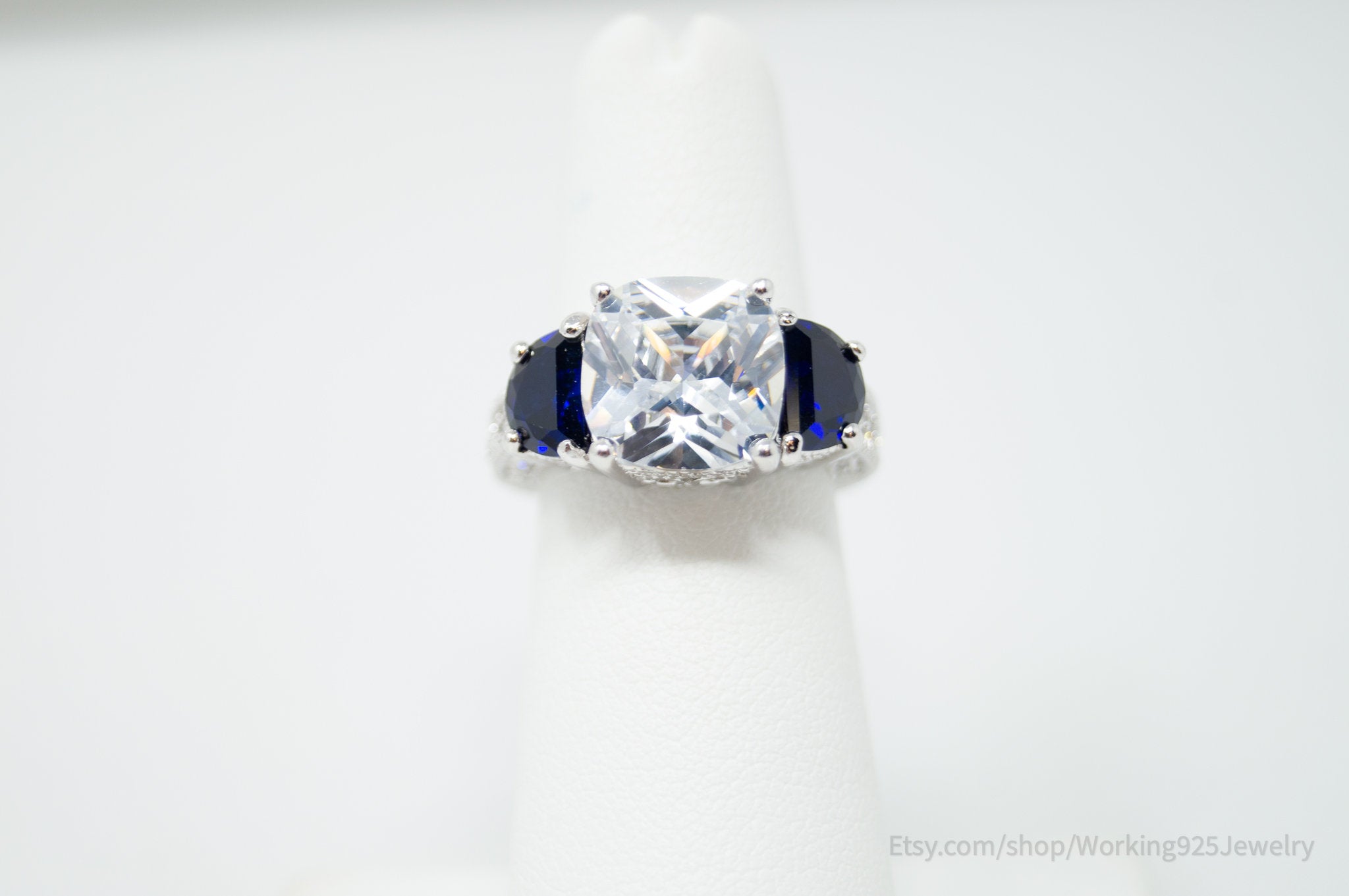 Vintage Designer CJW Art Deco CZ Sapphire Accented Sterling Ring - Size 5