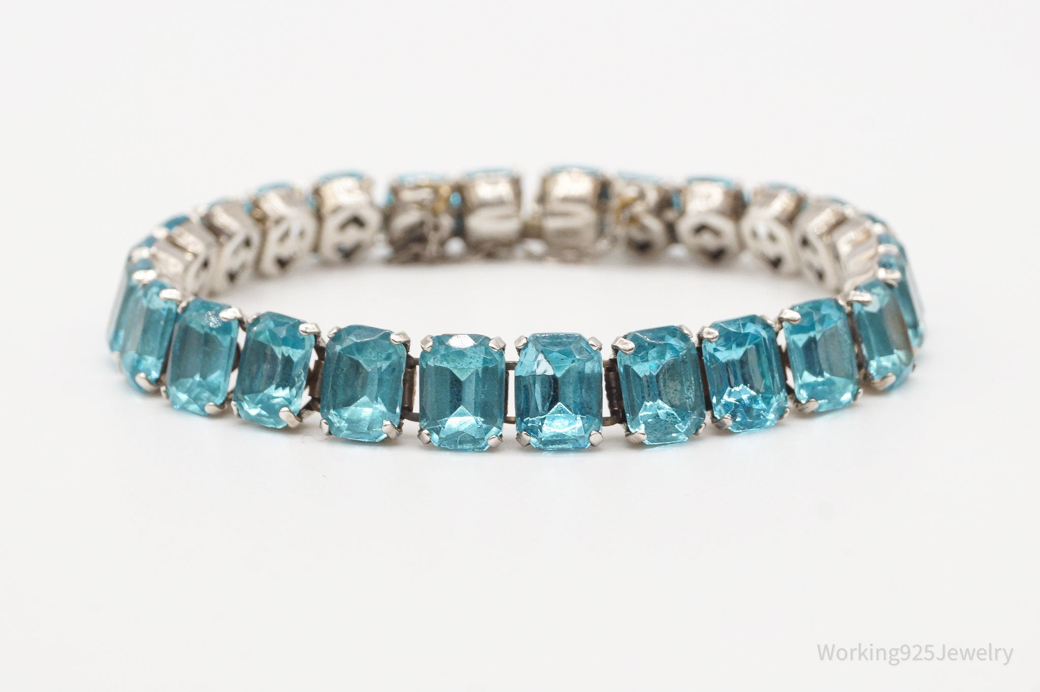 Antique Blue Glass Stones Sterling Silver Statement Bracelet