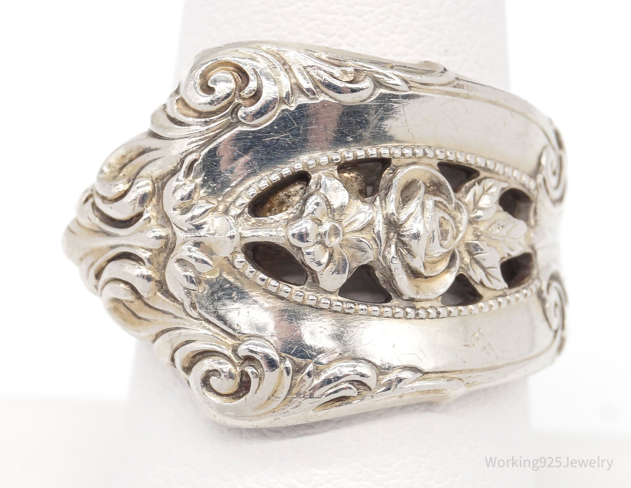 Antique Wallace Floral Art Nouveau Sterling Silver Spoon Ring - Size 8.5