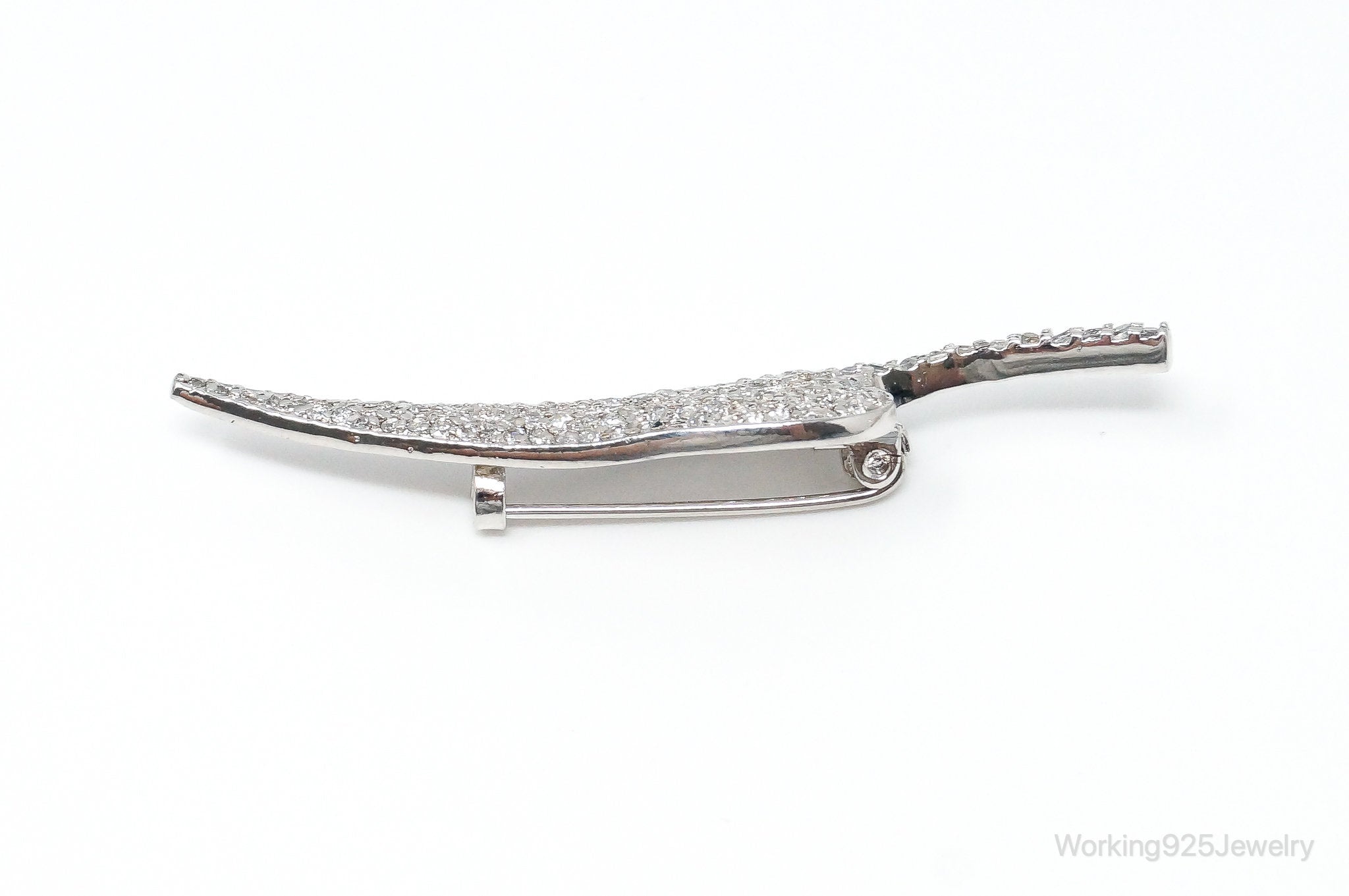 Vintage Cubic Zirconia Leaf Sterling Silver Brooch Pin