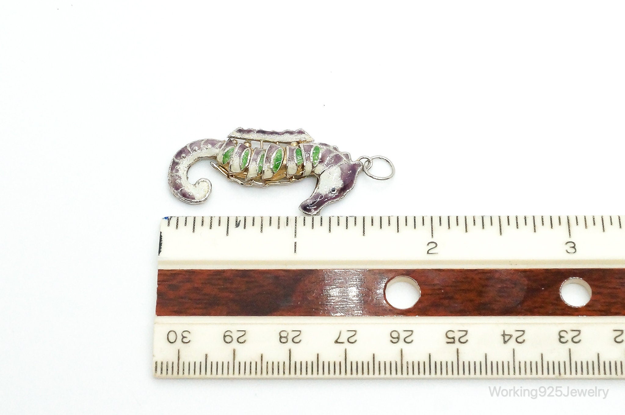 Antique Chinese Articulated Cloisonne Enameled Vermeil Silver Seahorse Pendant