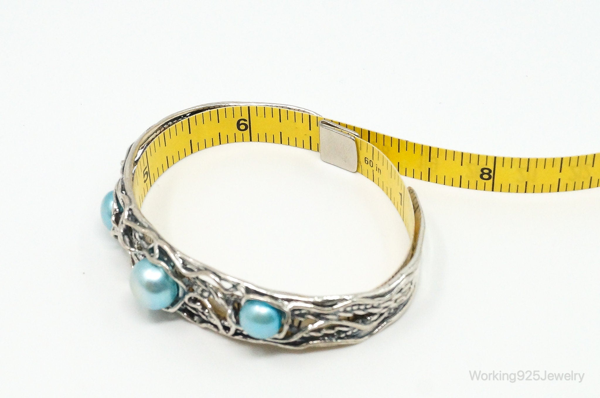 Vintage Designer Didae Blue Pearl Sterling Silver Cuff Bracelet