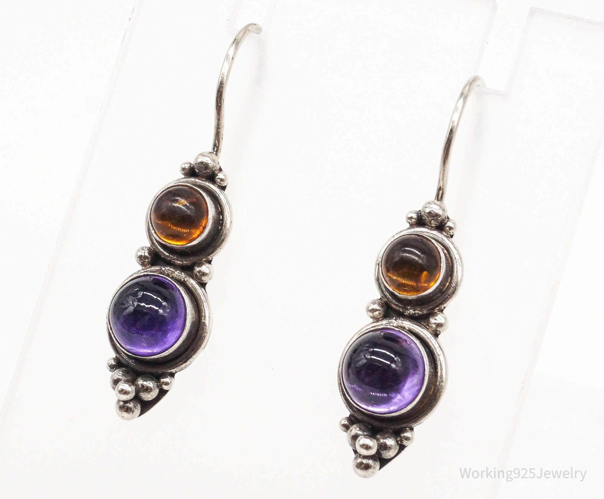 Vintage Amethyst Amber Sterling Silver Earrings