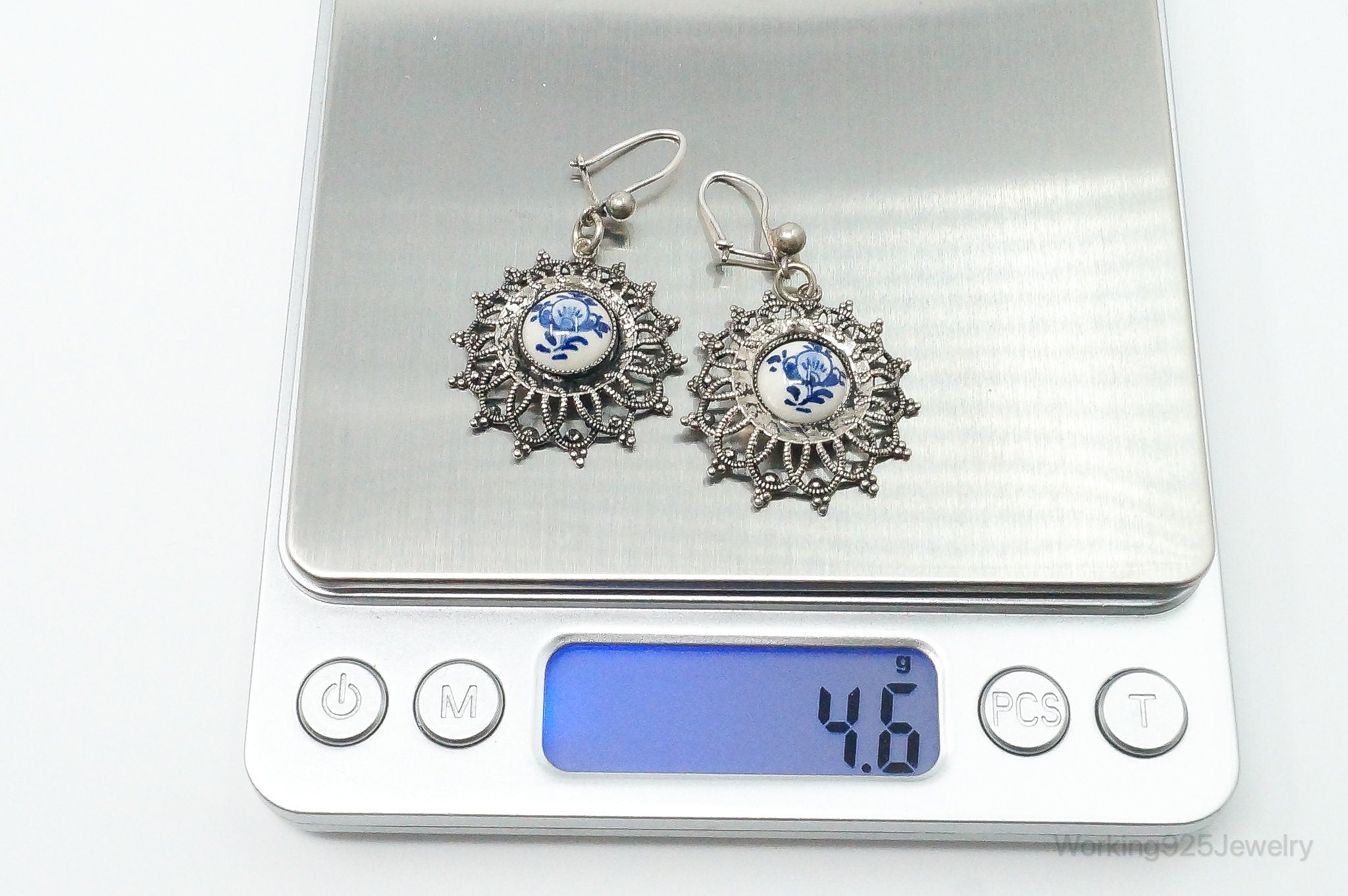 Antique Blue And White Porcelain Floral Pattern Silver Earrings