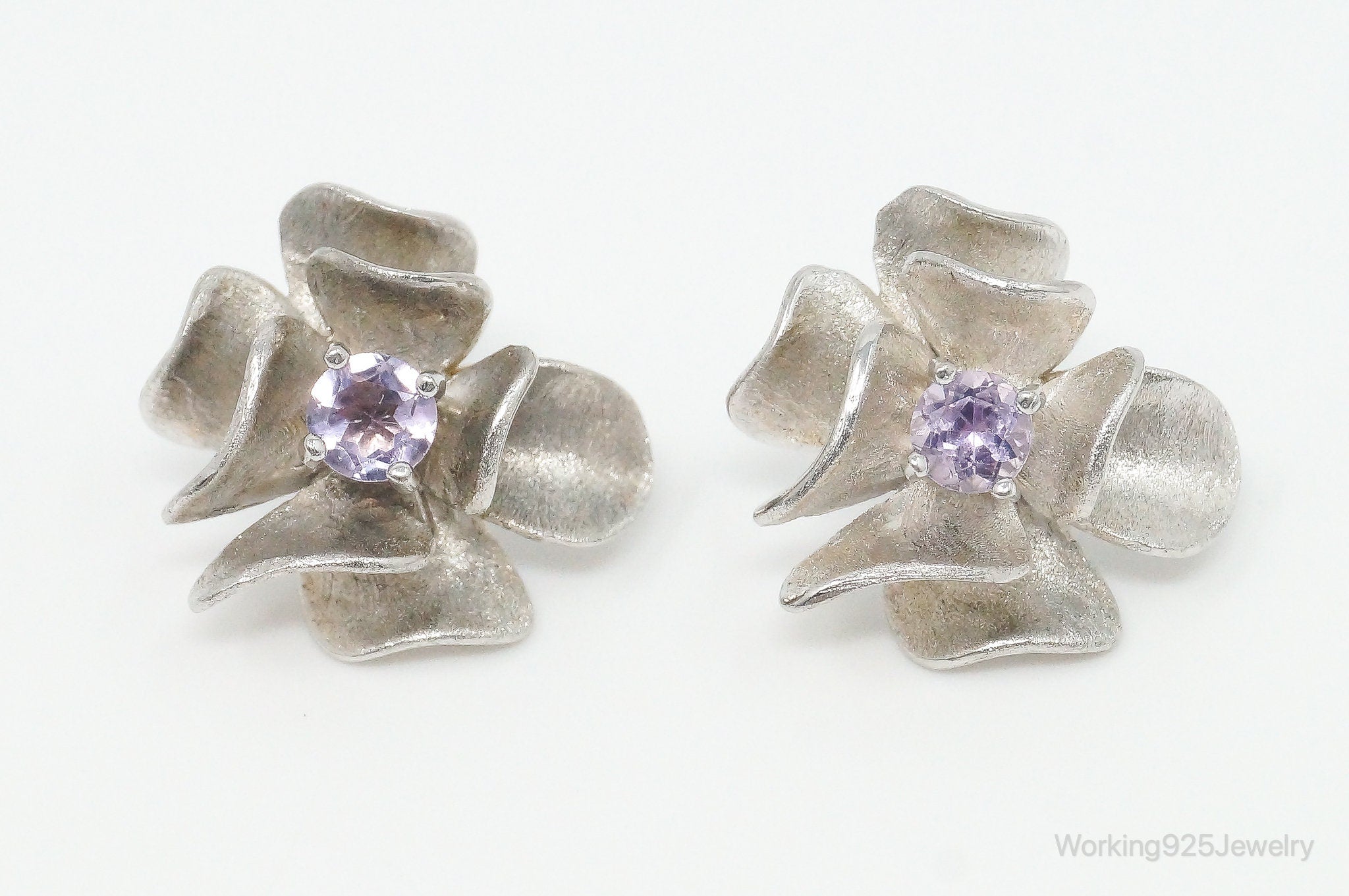 Vintage ATI Amethyst Flowers Sterling Silver Earrings