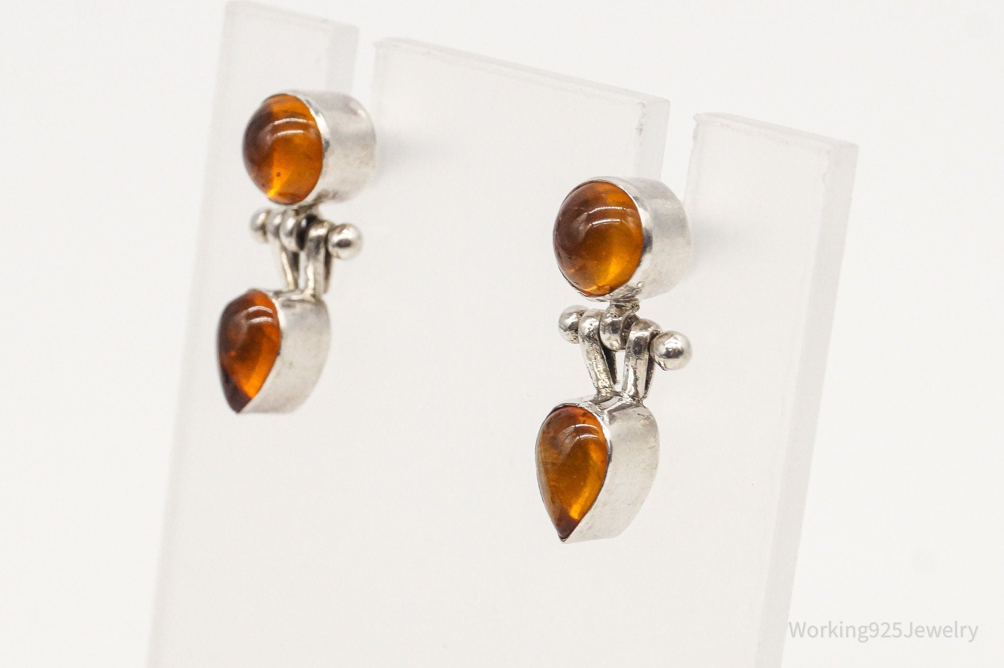 Vintage Amber Modernist Sterling Silver Earrings