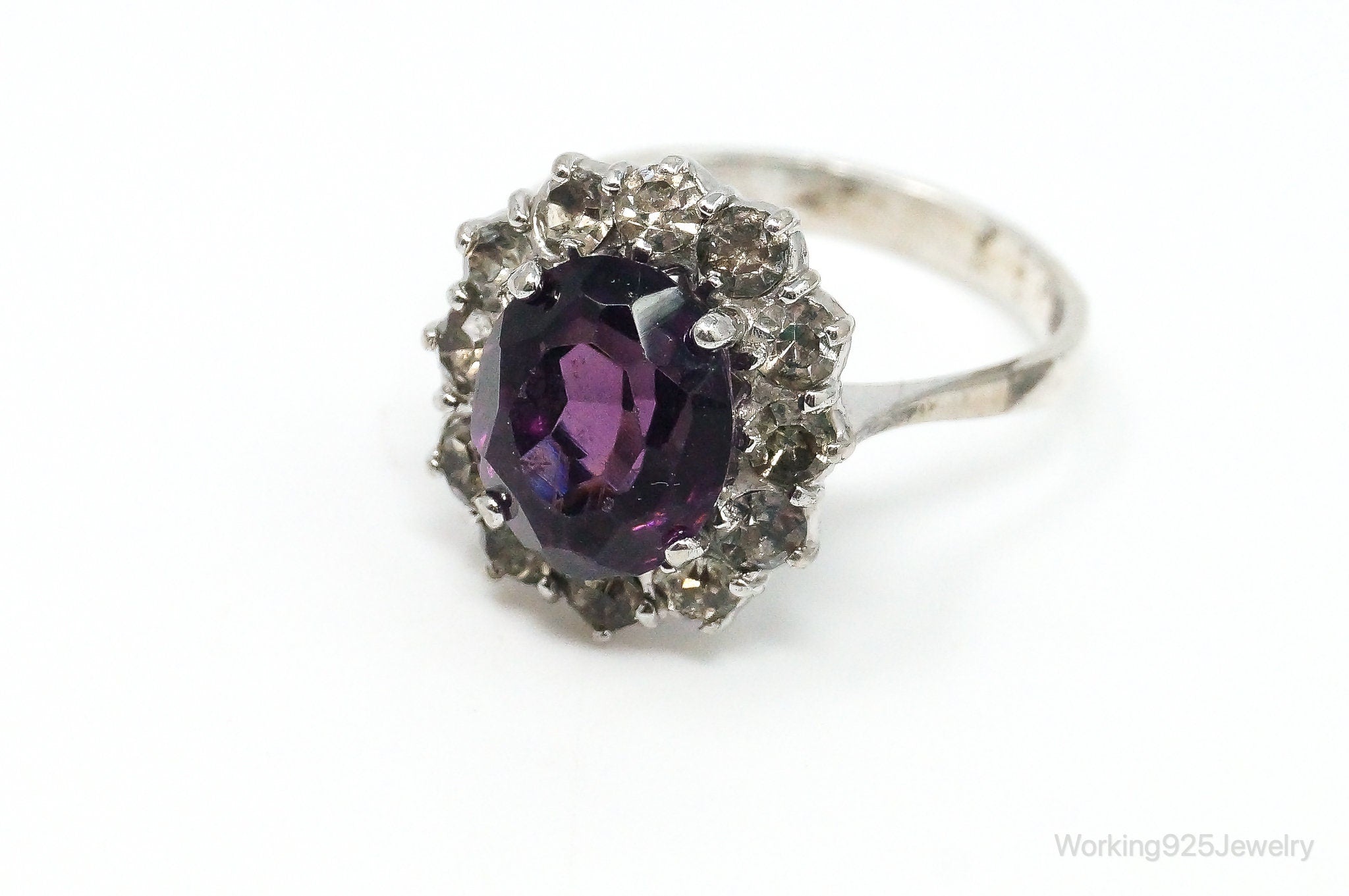 Antique Amethyst Rhinestone Sterling Silver Ring - Size 8.75