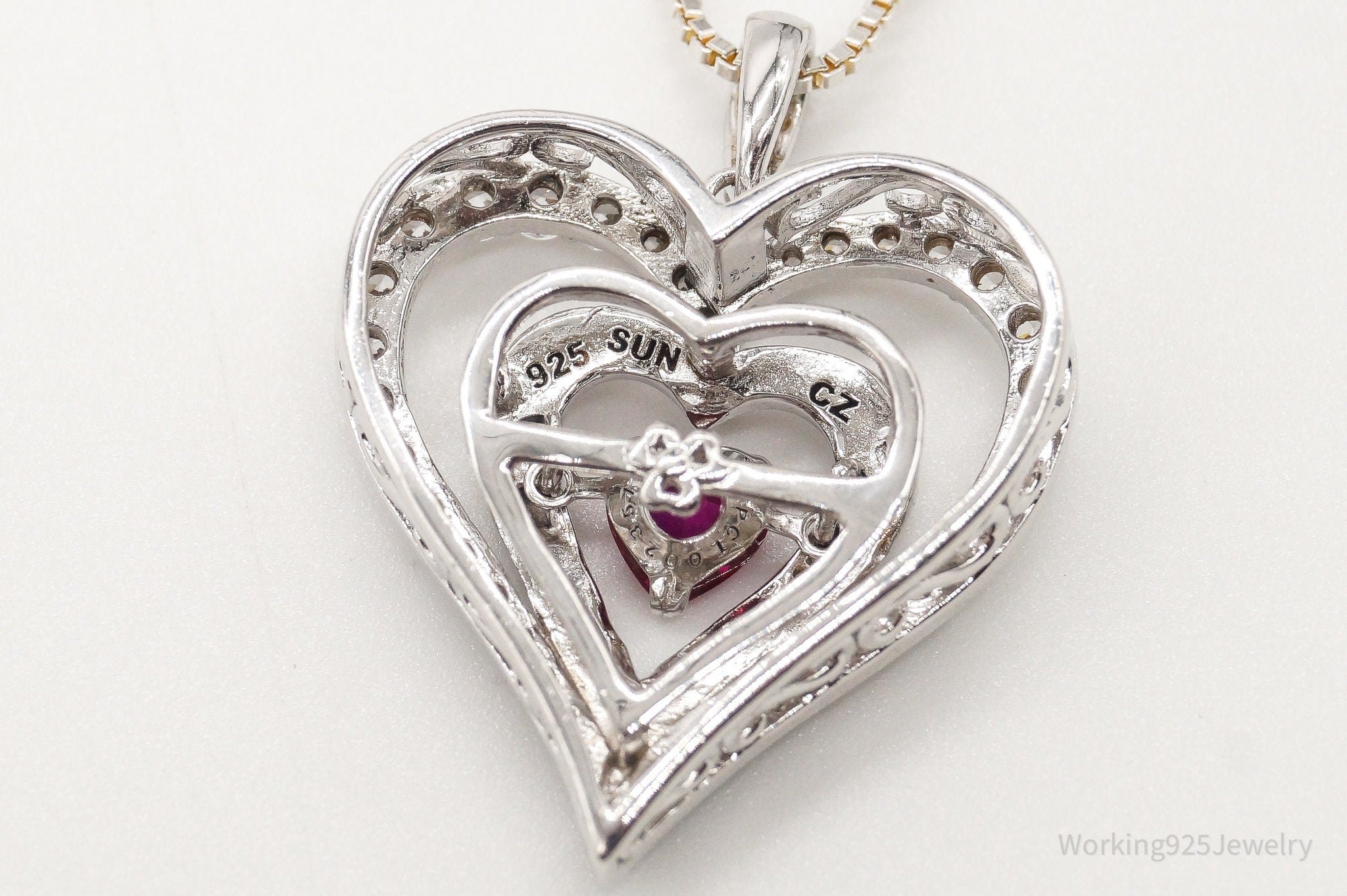 Vintage Designer SUN Ruby Cubic Zirconia Heart Sterling Silver Necklace