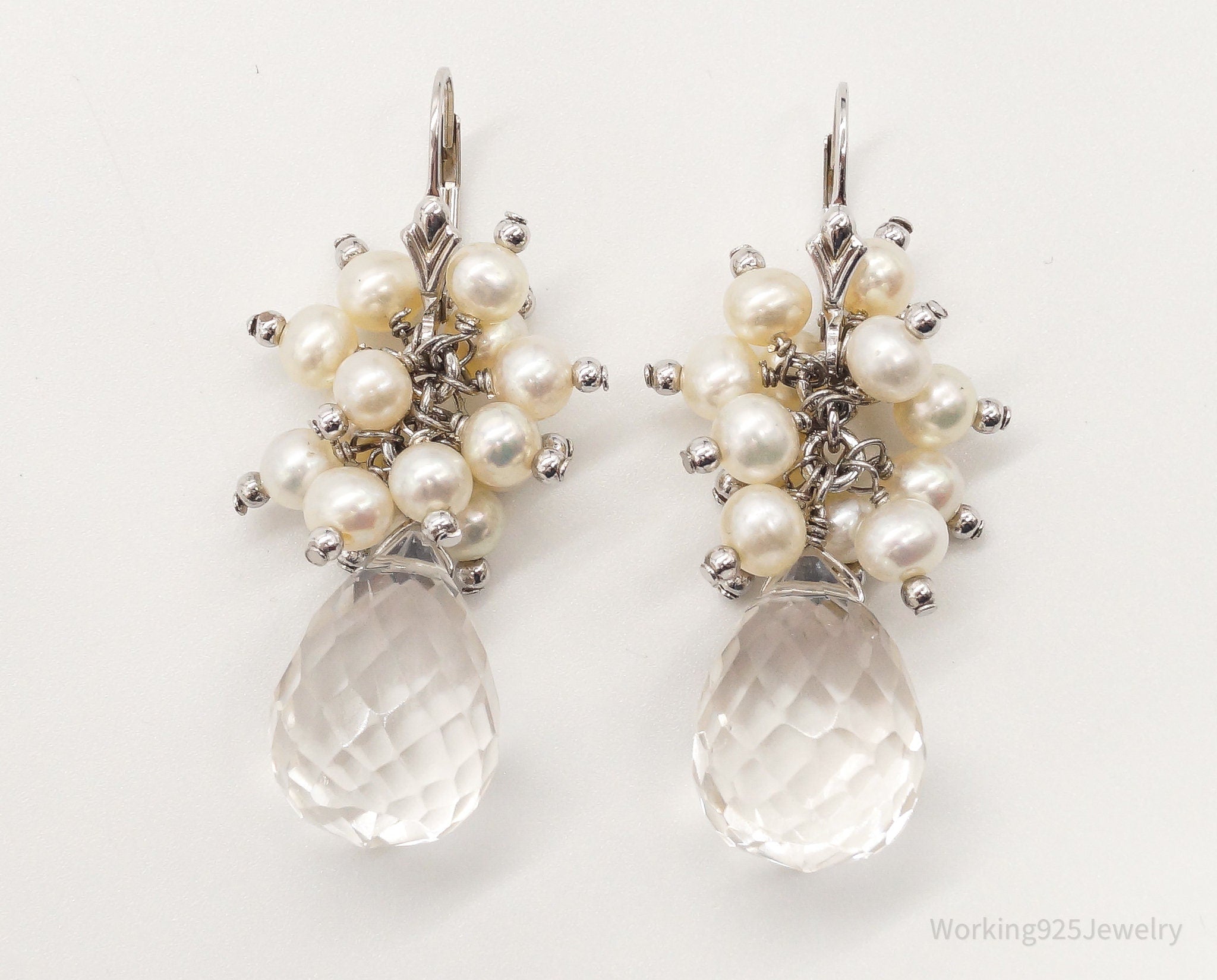 Vintage Crystal Quartz Pearl Sterling Silver Earrings