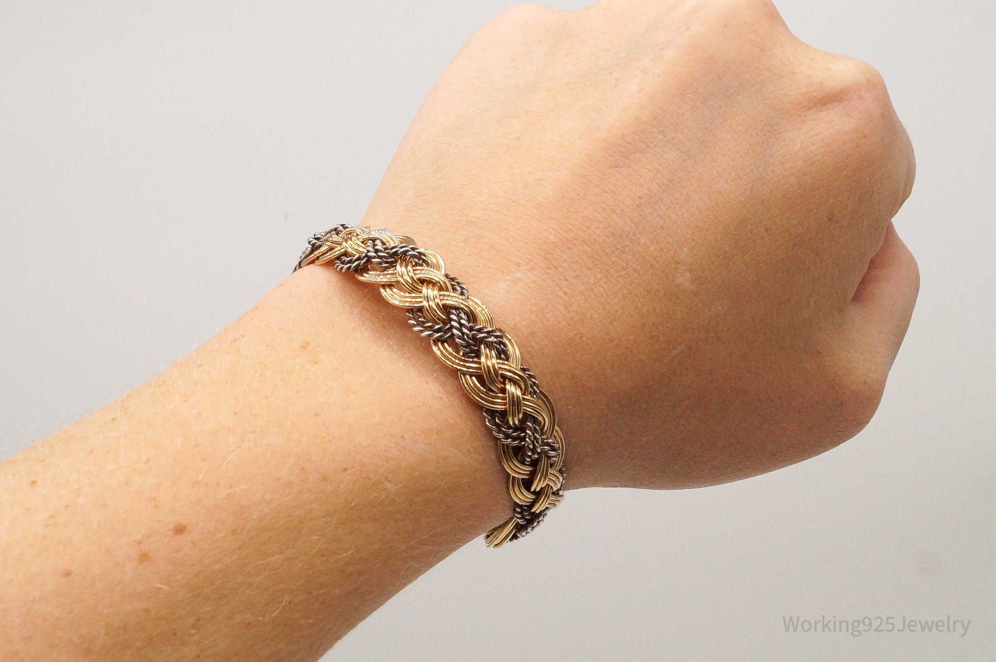 Vintage Intricate Filigree Rope Weave Braid Brass Silver Bracelet