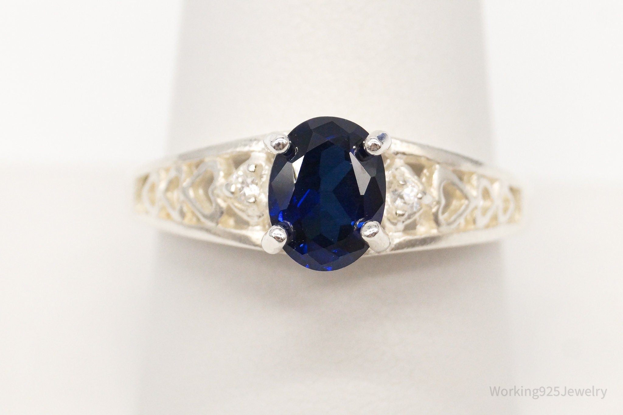 Vintage Lab Sapphire Cubic Zirconia Sterling Silver Ring - Size 9.75