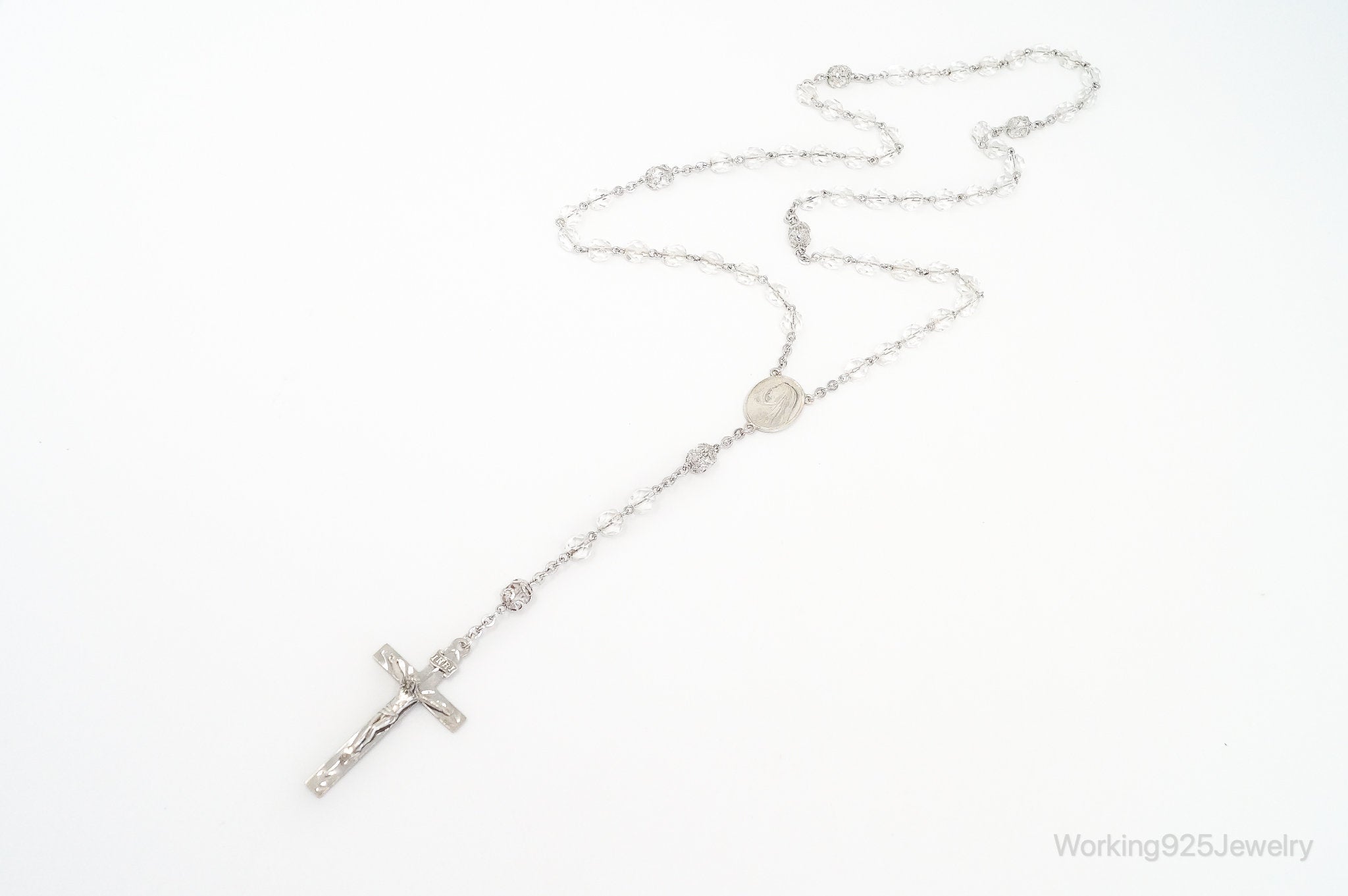 Vintage Crystal Beaded Rosary Cross Sterling Silver Necklace