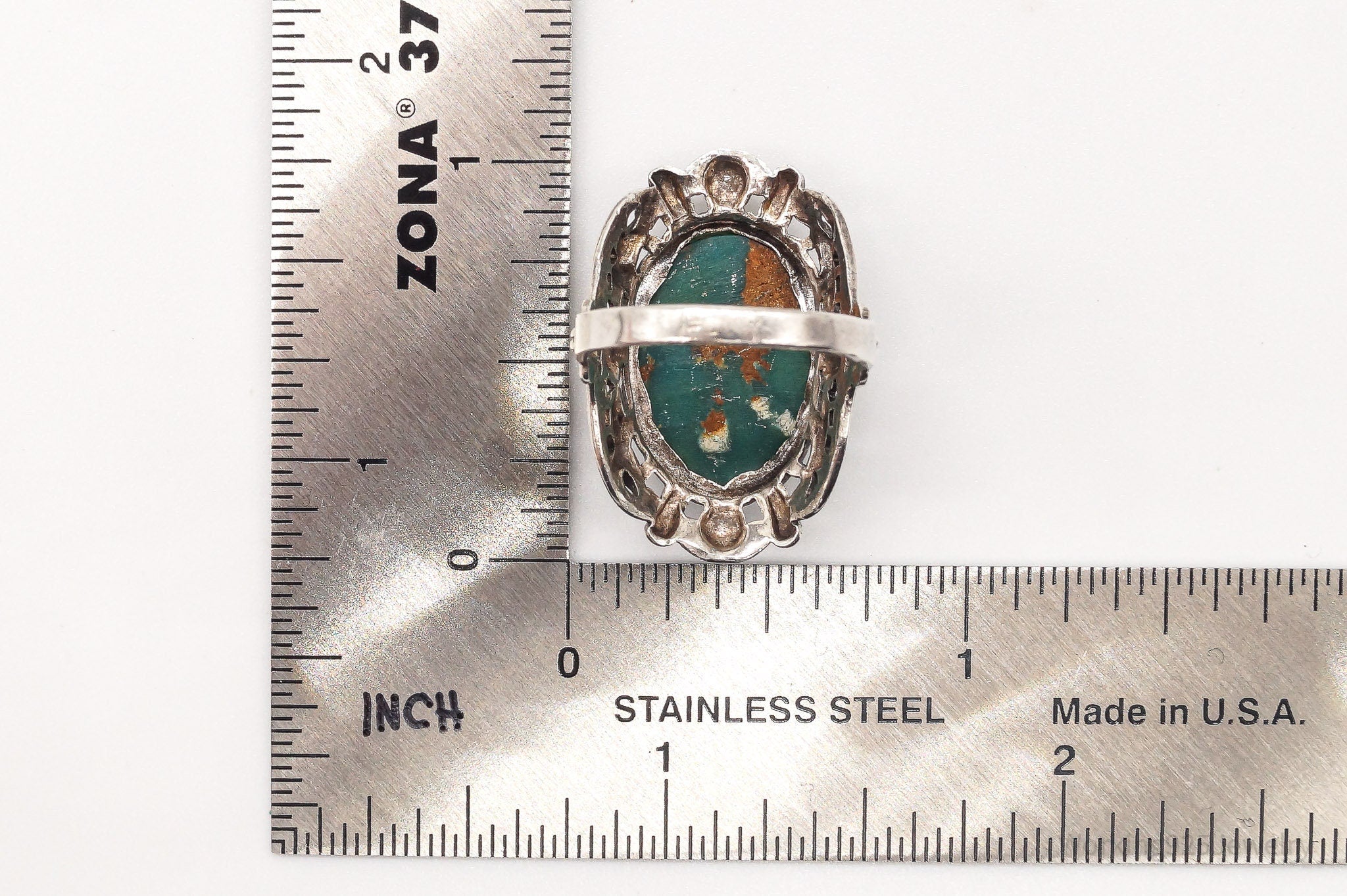 Antique Turquoise Ornate Floral Sterling Silver Ring - Size 6