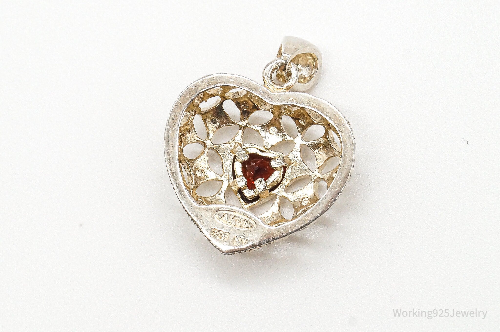 Vintage Designer Avon Garnet Heart Sterling Silver Pendant