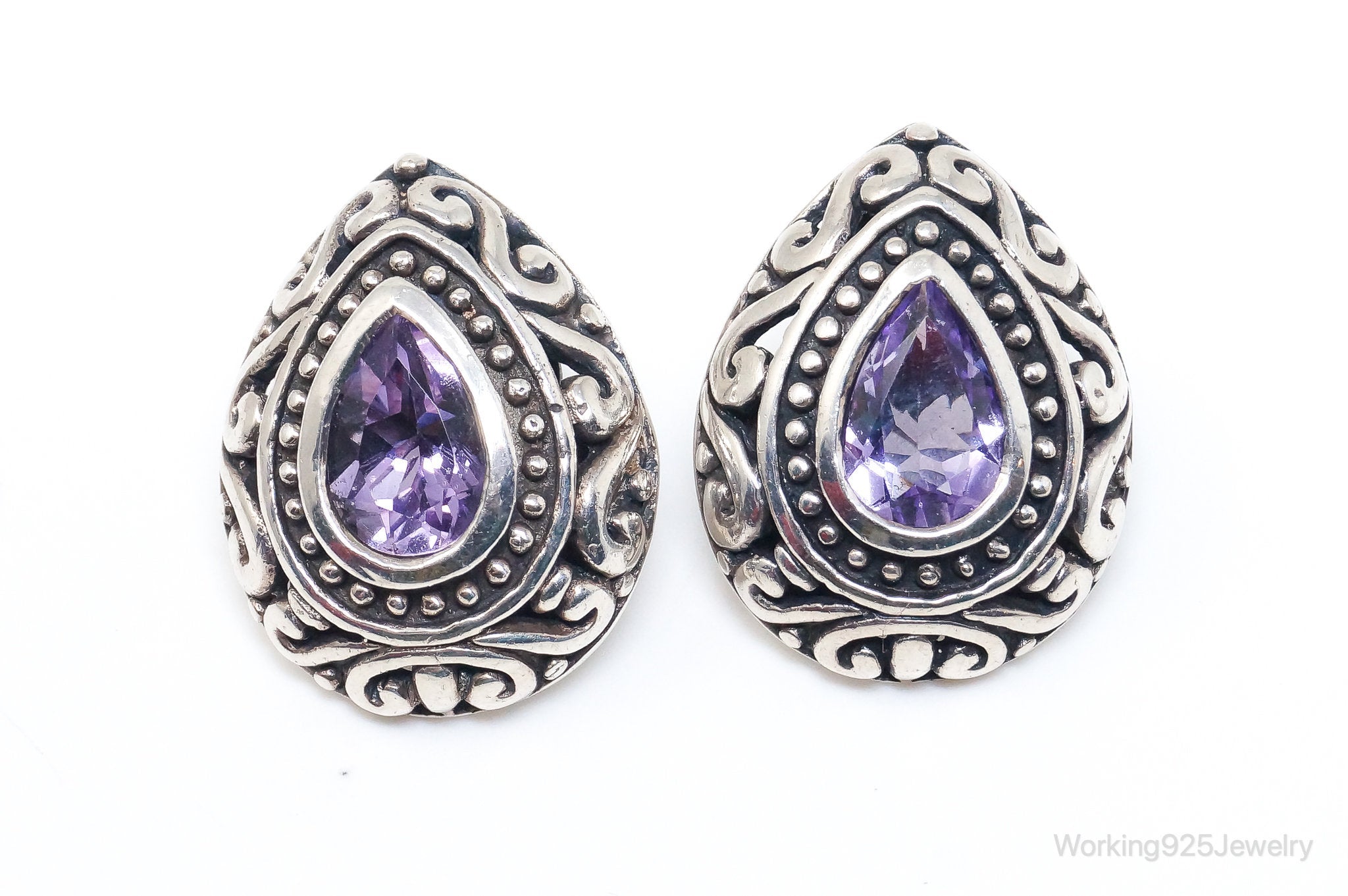 Vintage Designer Amethyst Scroll Sterling Silver Earrings