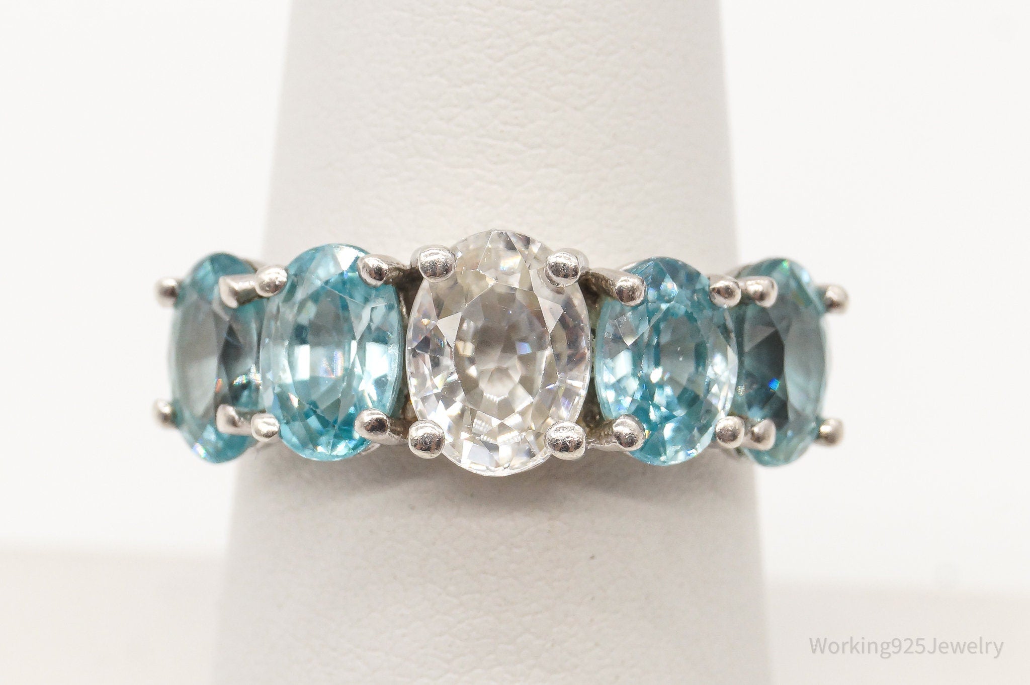 Vintage Blue Topaz Cubic Zirconia Sterling Silver Ring - Size 6.75