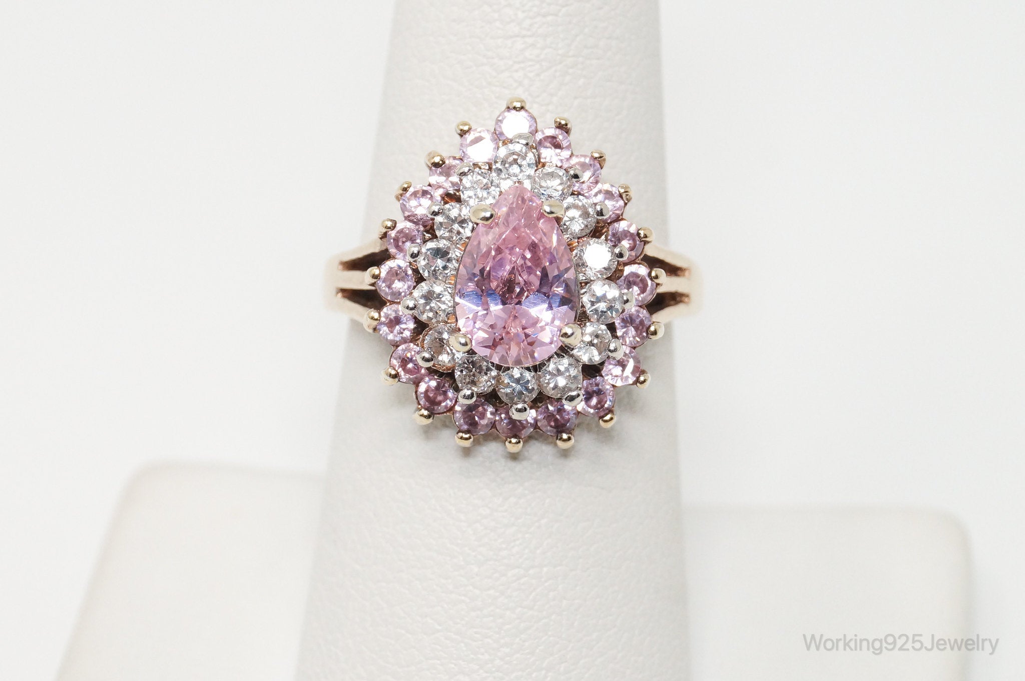 Vintage Designer RJ Gold Vermeil Pink CZ Sterling Silver Ring - Size 7