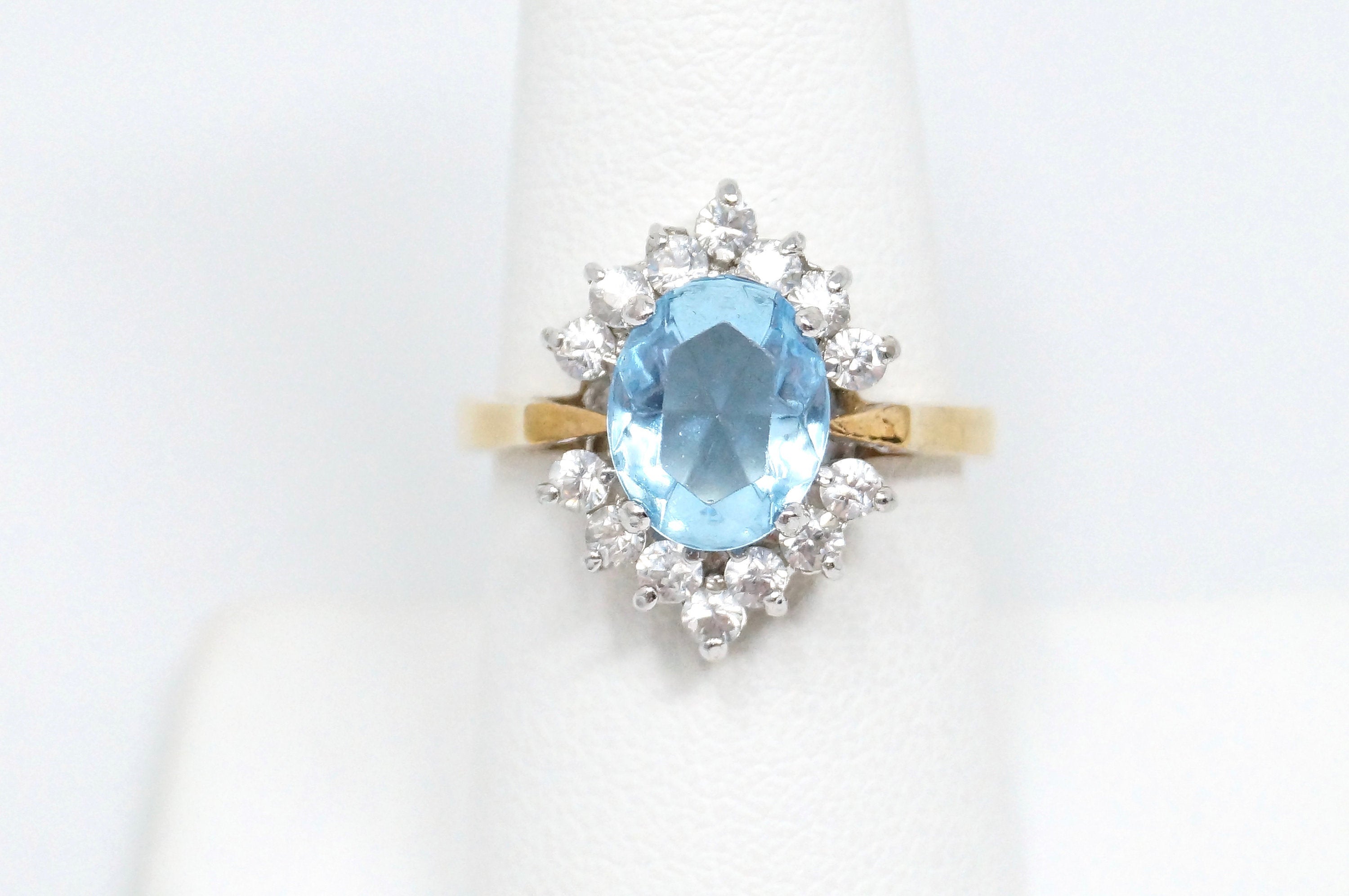 Vintage Designer Art Deco Blue Topaz CZ Accented Gold Vermeil Ring Sterling Sz 8