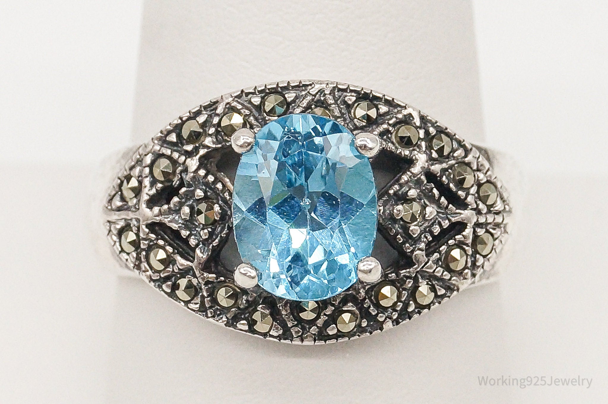 Vintage Blue Topaz Marcasite Sterling Silver Ring - Size 9.75