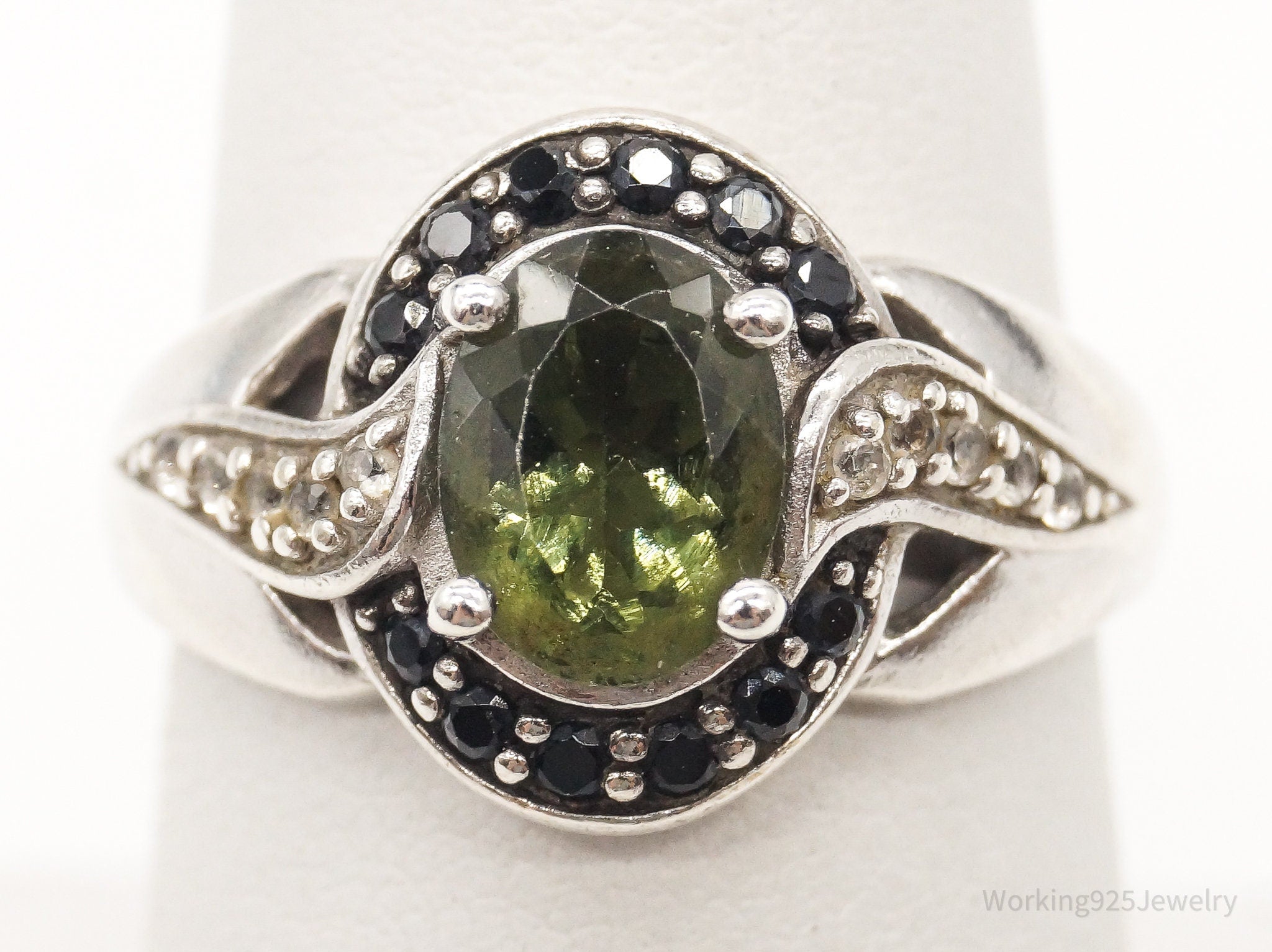 Vintage Designer LB Peridot Black Spinel CZ Sterling Silver Ring - Size 7