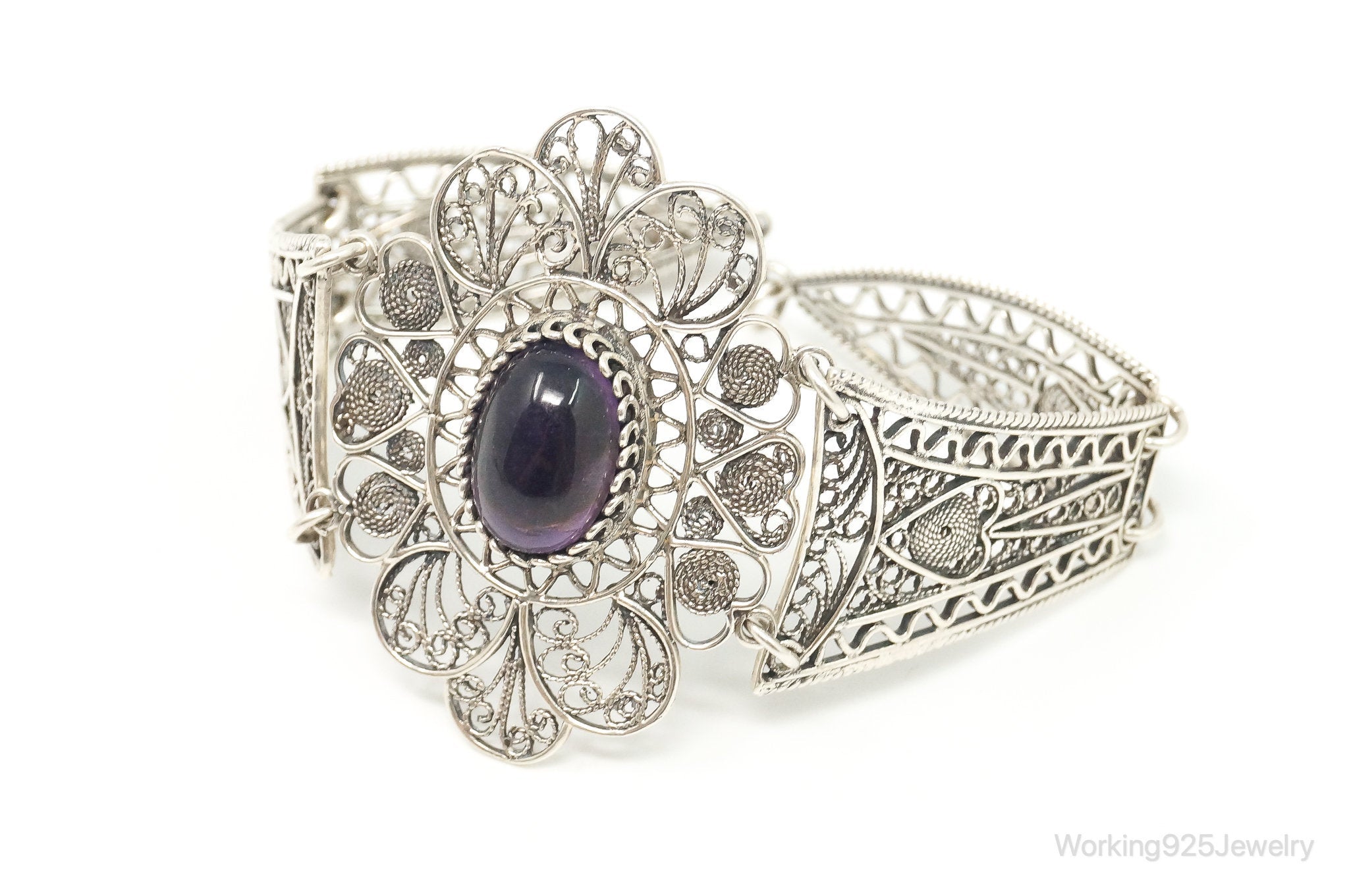 Vintage Amethyst Sterling Silver Intricate Filigree Bracelet