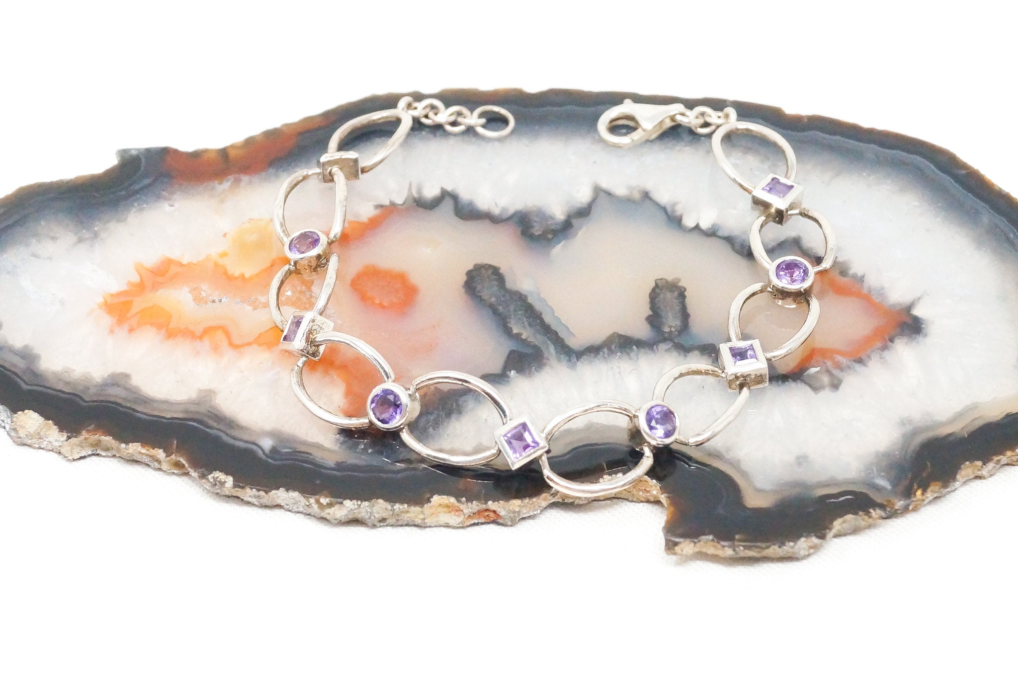 Vintage Art Deco Amethyst Sterling Silver Link Tennis Bracelet