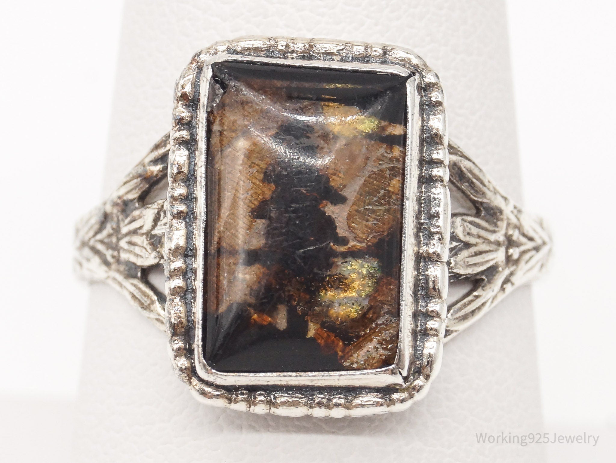 Antique T.L.M. Hand-painted Butterfly Wing Sterling Silver Ring SZ 8.75