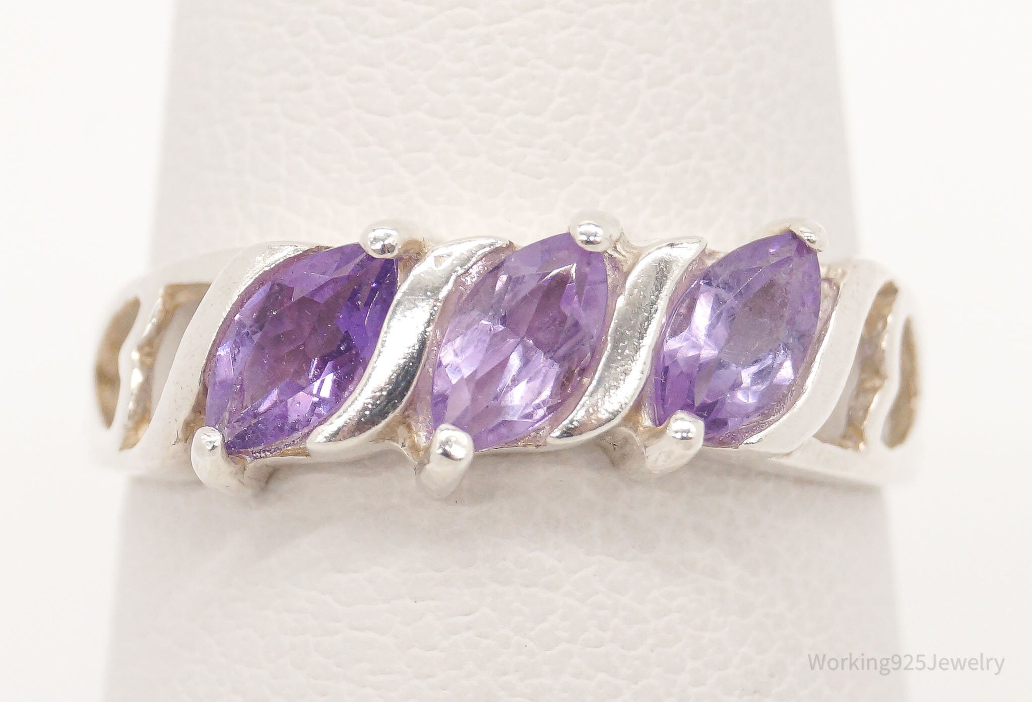 Vintage Amethyst Heart Cut Outs Sterling Silver Ring - Size 6.75