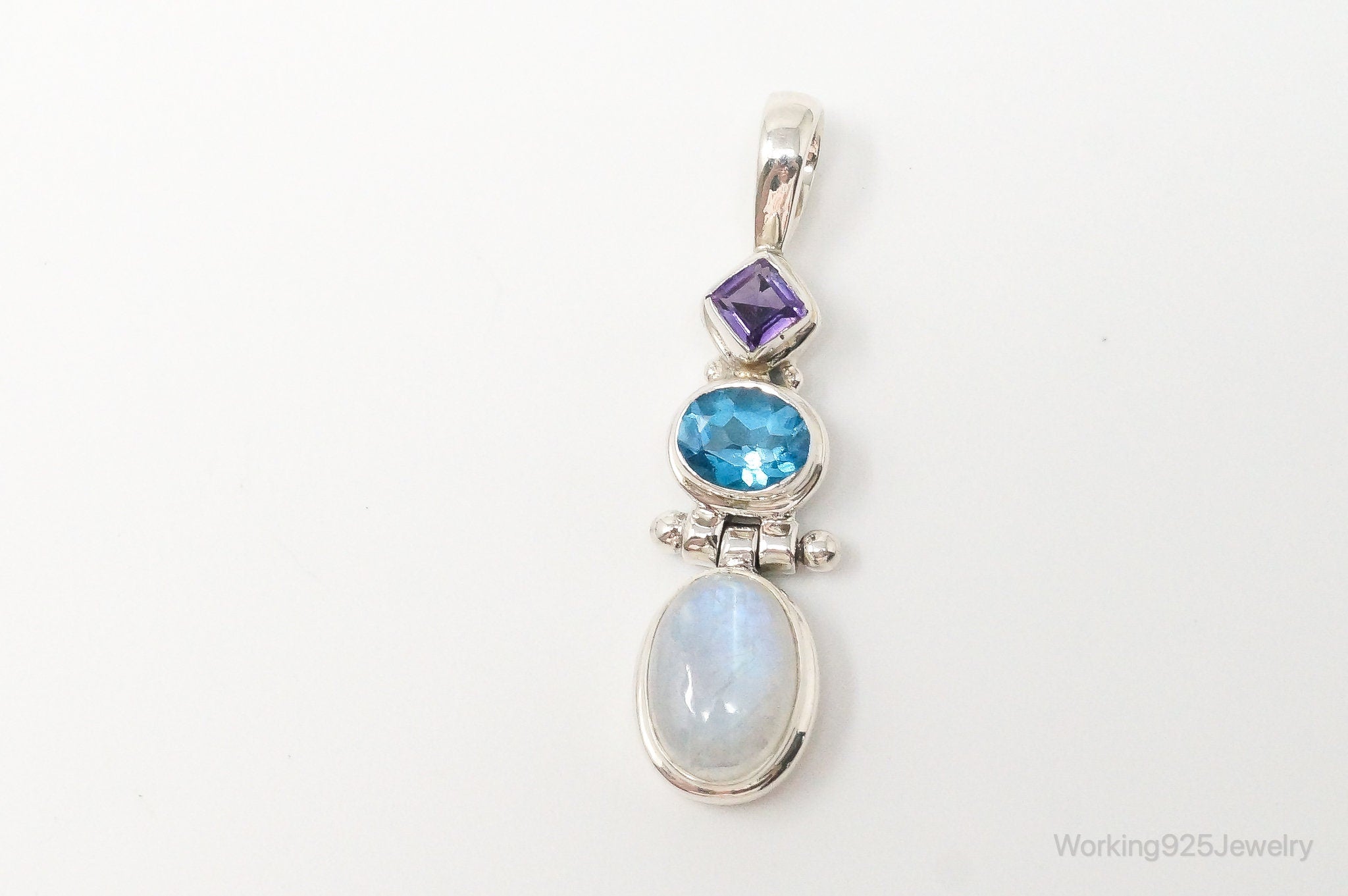 Large Vintage Blue Topaz Amethyst Moonstone Sterling Silver Pendant