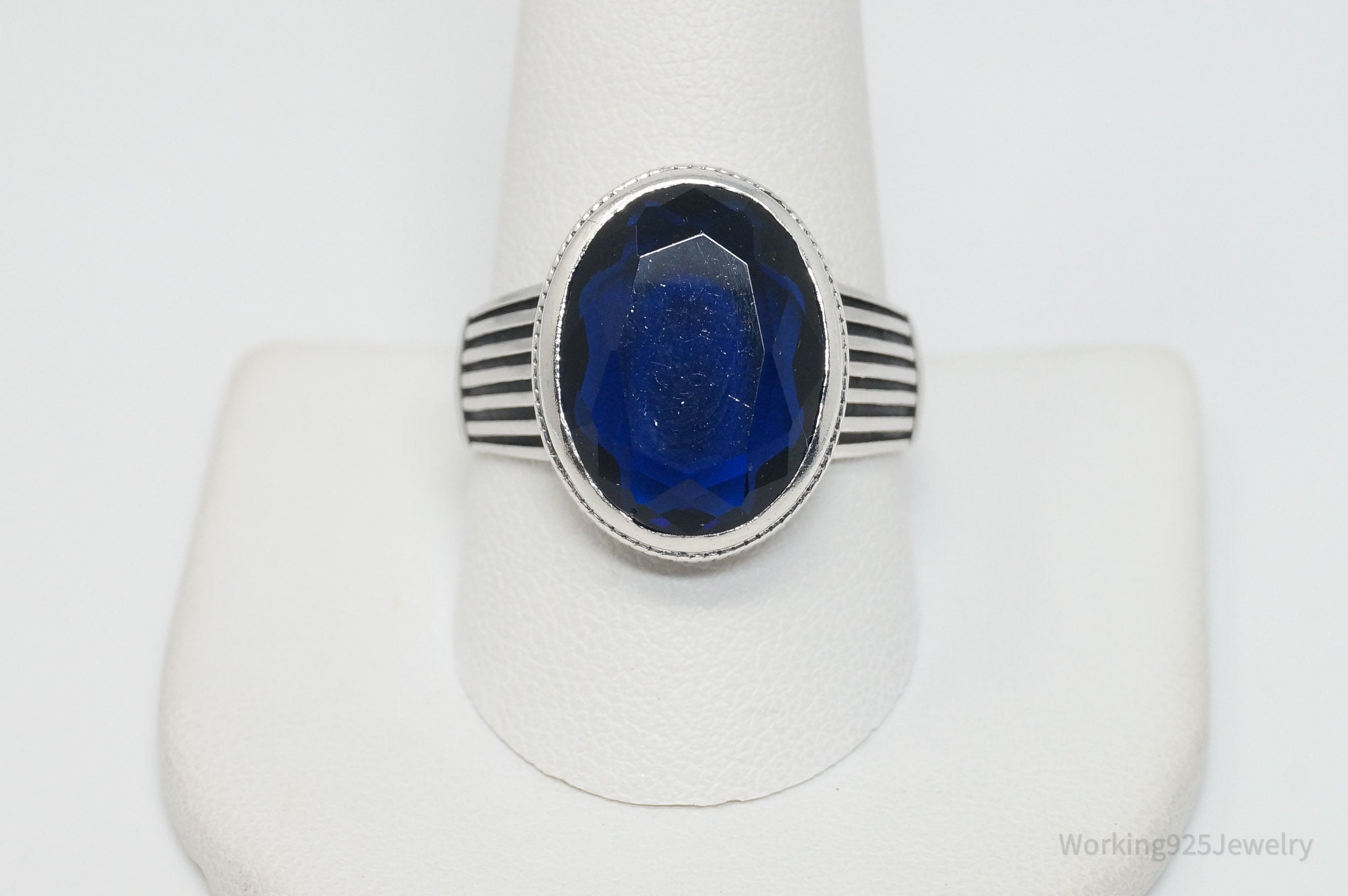 Vintage Blue Lab Sapphire Sleek Sterling Silver Ring - Sz 11