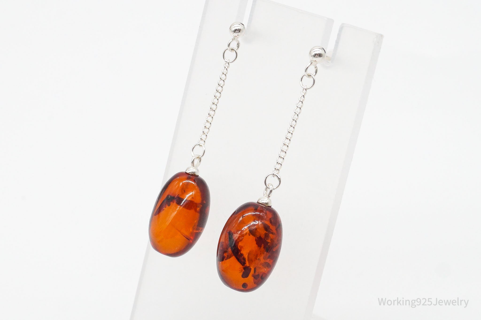 Long Vintage Amber Sterling Silver Earrings