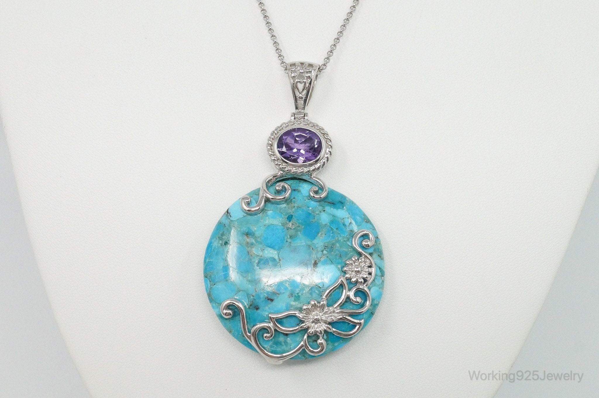 Designer Large Blue Mojave Turquoise Amethyst Sterling Silver Necklace