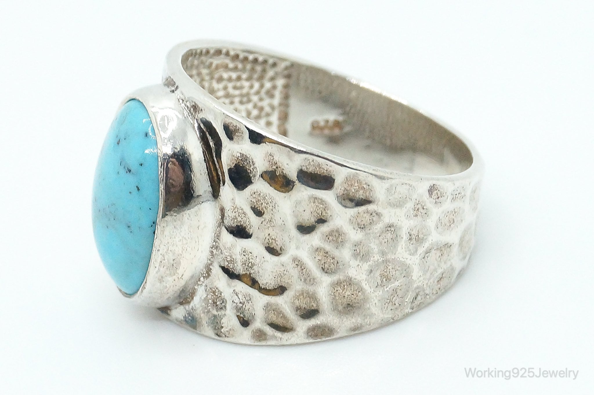 Large Turquoise Hammered Style Sterling Silver Ring - Size 9.75