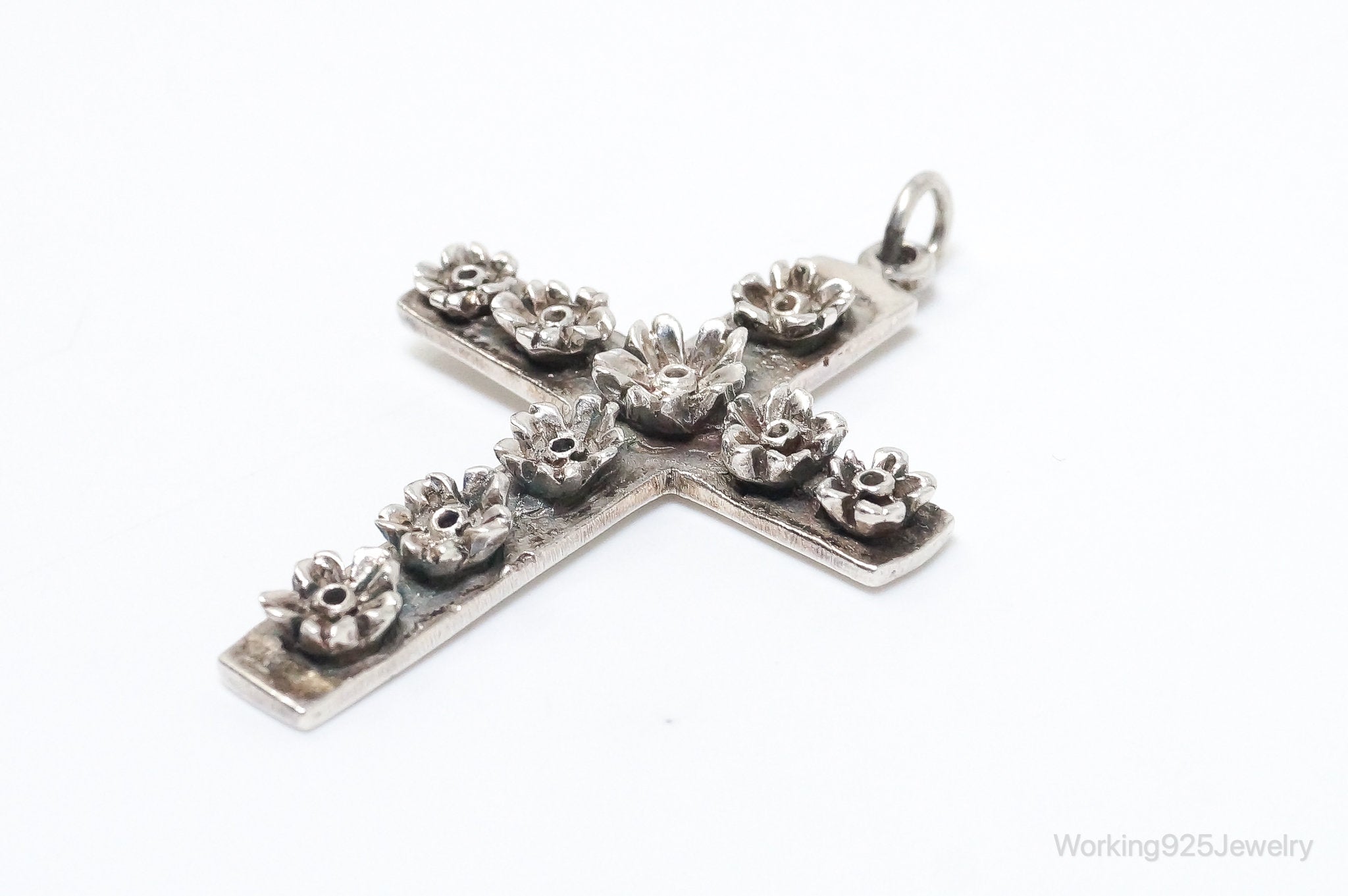 Large Vintage Blooming Flowers Cross Sterling Silver Necklace Pendant