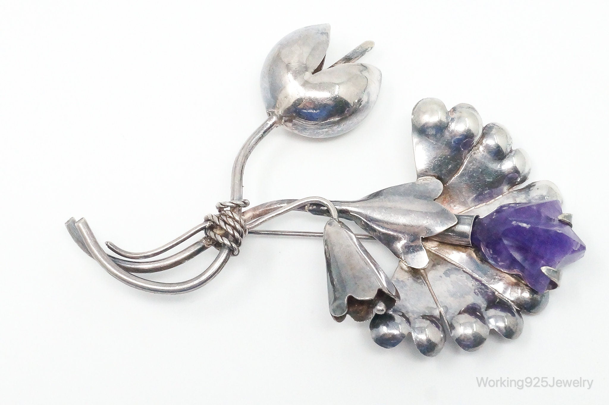 Large Vintage Mexico Modernist Amethyst Flower Sterling Silver Brooch Pin