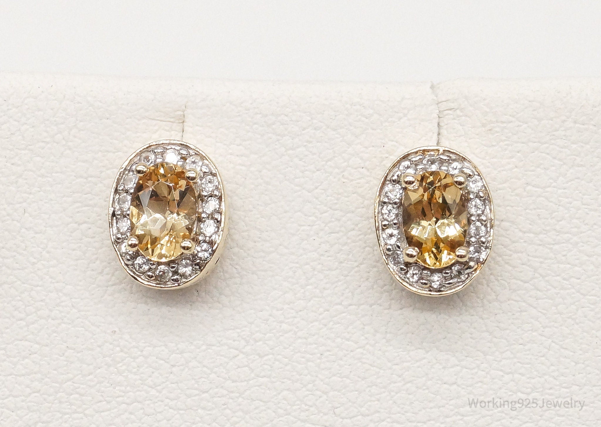 Vintage Citrine Cubic Zirconia Yellow Gold Sterling Silver Earrings