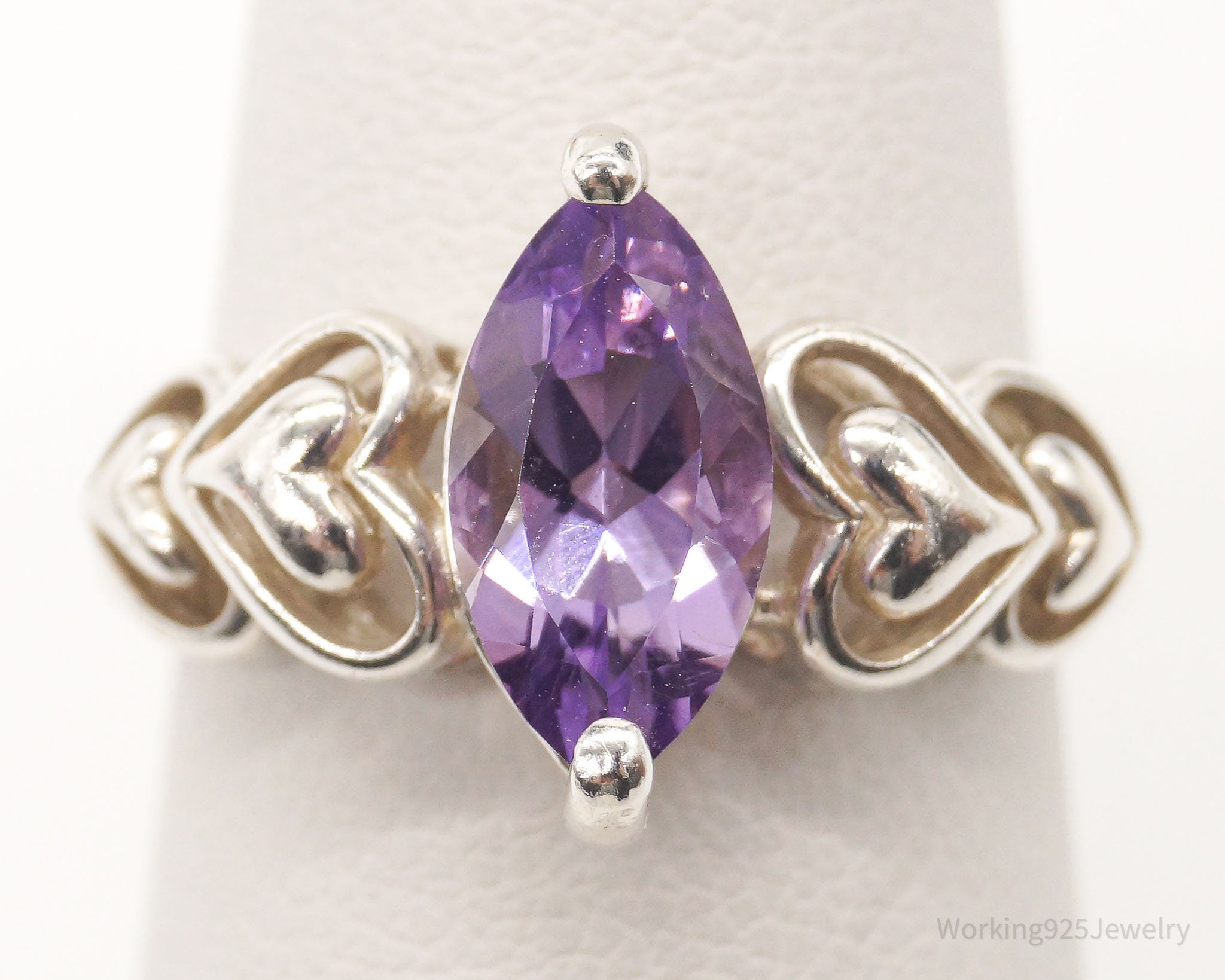 Vintage Amethyst Hearts Sterling Silver Ring - Size 7