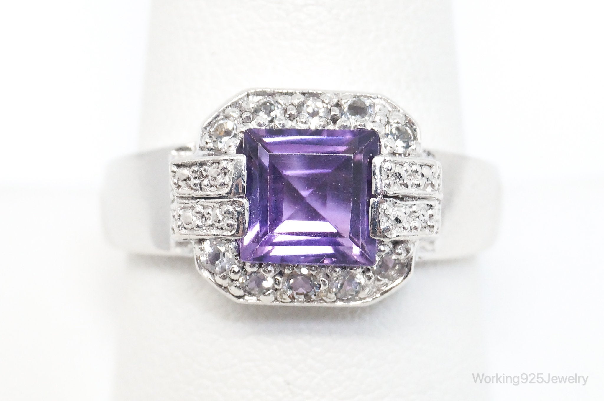 Vintage Amethyst Cubic Zirconia Art Deco Sterling Silver Ring - SZ 10.25