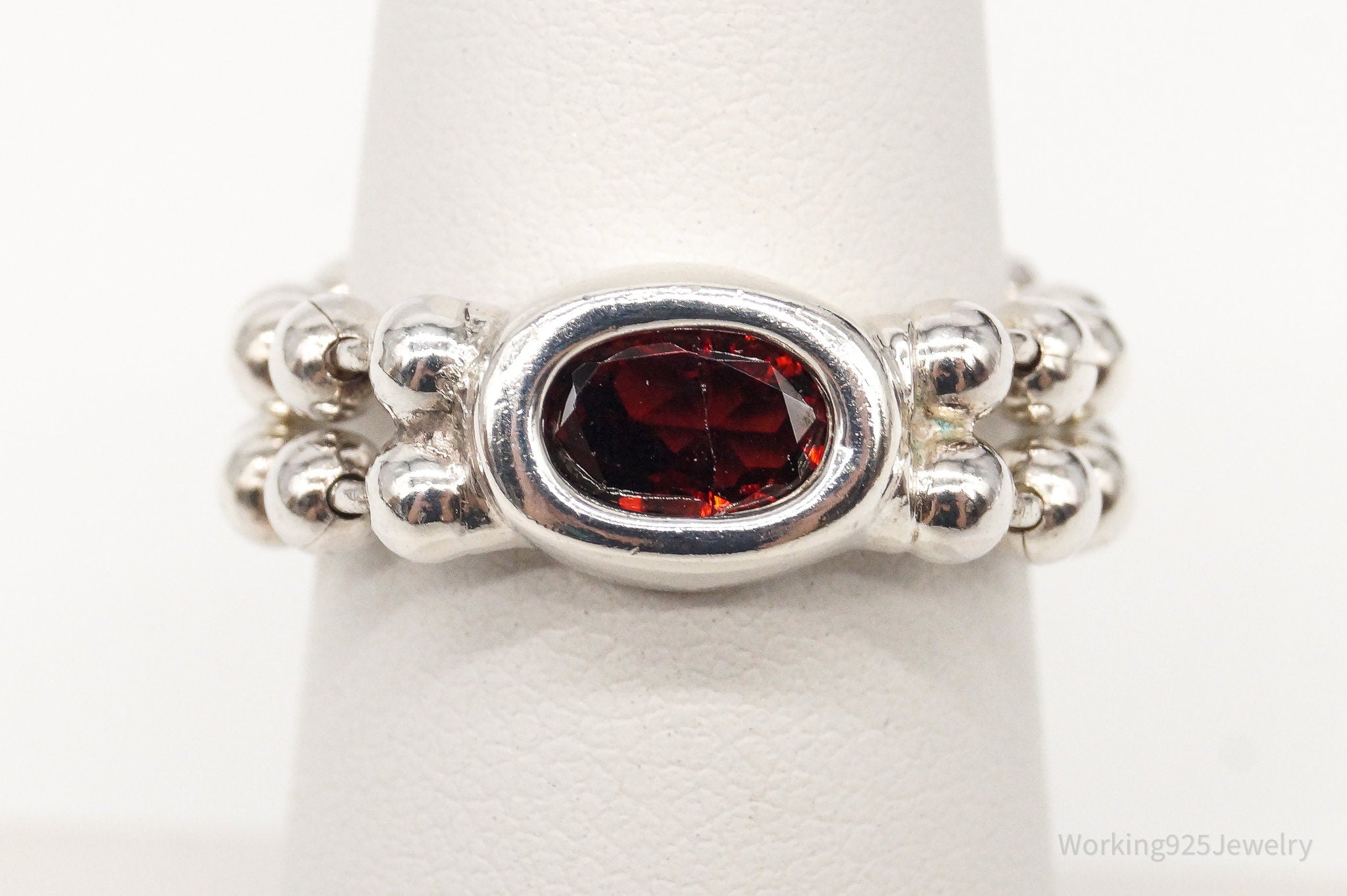 Vintage Garnet Sterling Silver Chain Ring - Size 6.5