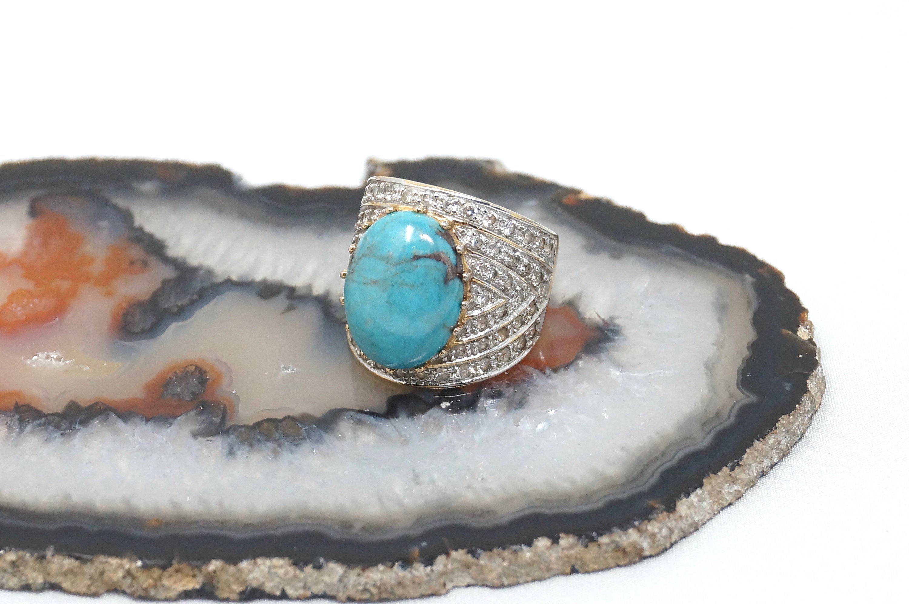 Beautiful Vintage Large Turquoise Cz Gold Vermeil Sterling Silver Ring - Size 6