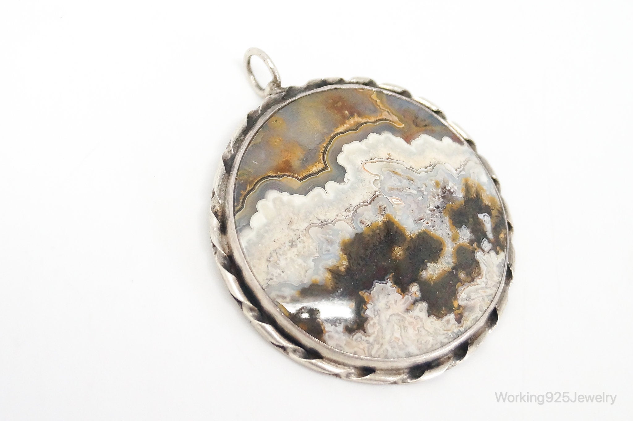 Vintage Large Crazy Lace Agate Sterling Silver Necklace Pendant