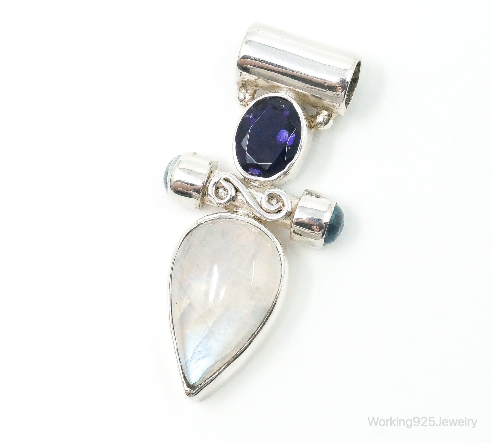 Large Vintage SJ Amethyst Blue Topaz Moonstone Sterling Silver Pendant