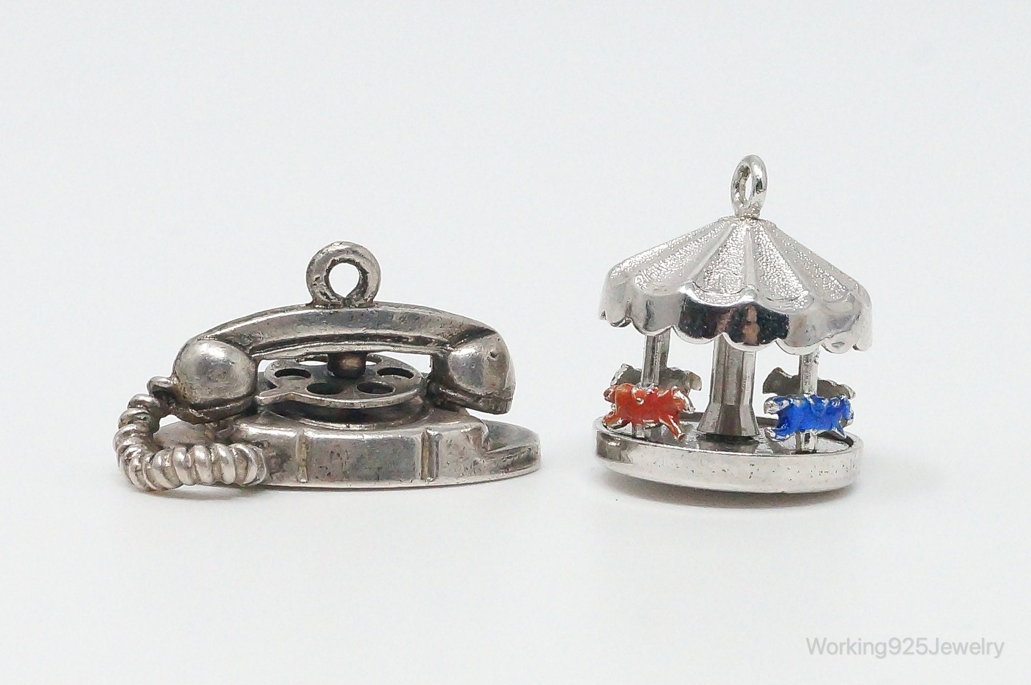 Vintage Antique Merry-Go-Round & Telephone Moving Enamel Sterling Silver Charms