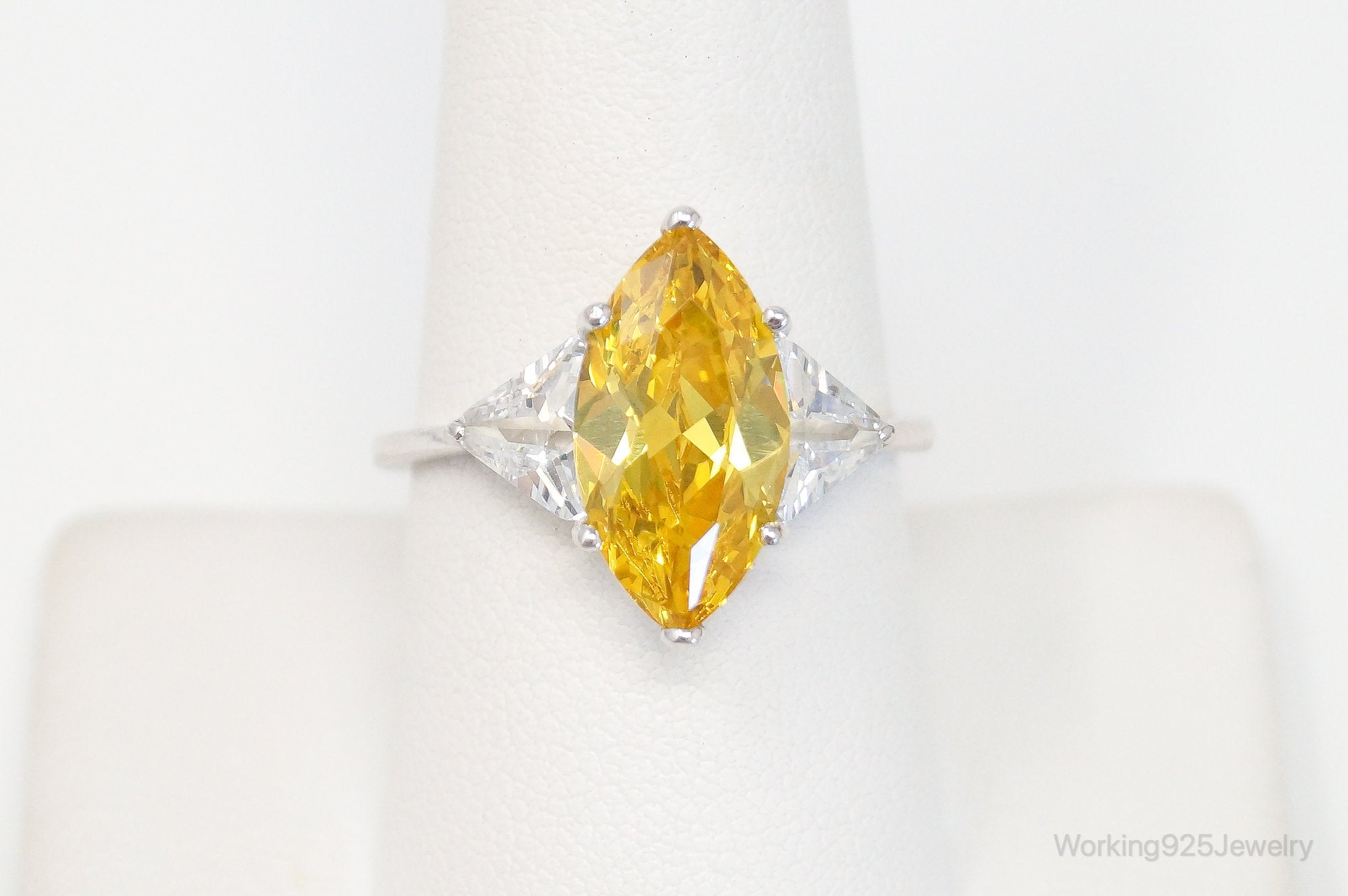 Large Citrine Cubic Zirconia Sterling Silver Statement Ring - Size 9