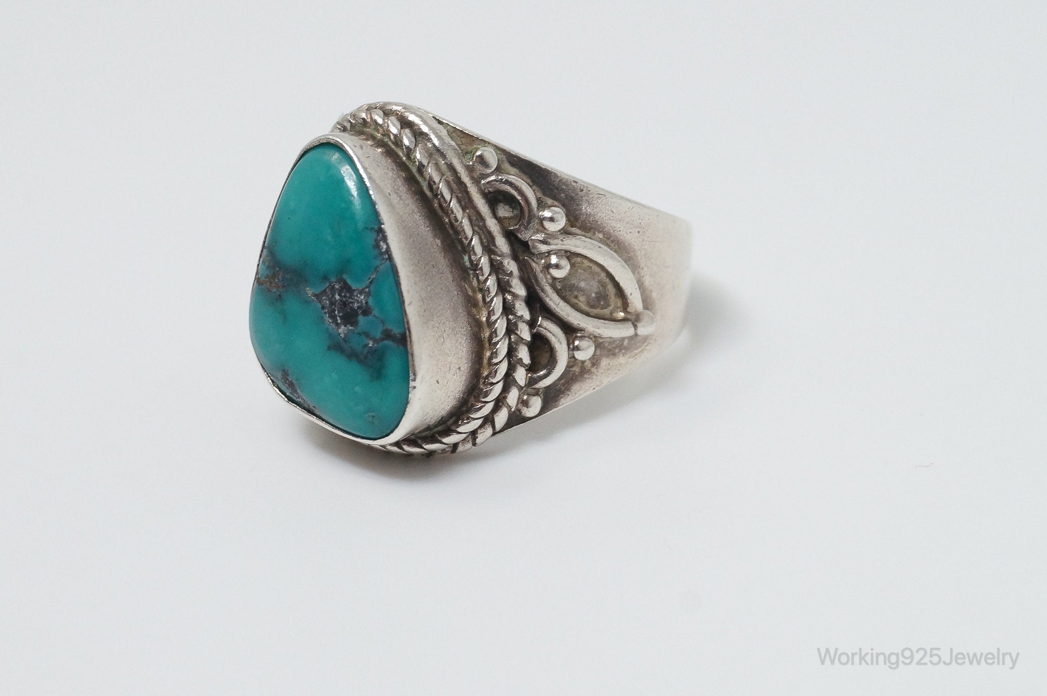 Vintage Bali Style Turquoise Filigree Sterling Silver Ring - Size 7.25