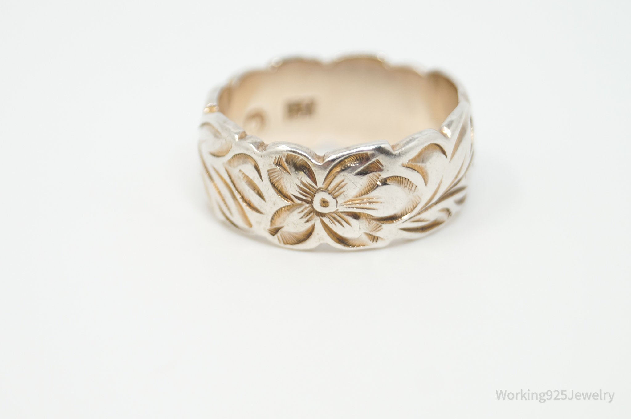 Vintage Designer PCU Art Nouveau Floral Sterling Silver Band Ring - Sz 5