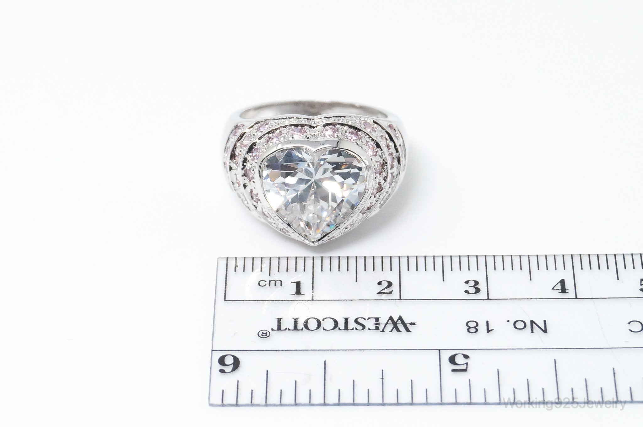 Vintage Large Cubic Zirconia Pink CZ Sterling Silver Statement Ring - SZ 7